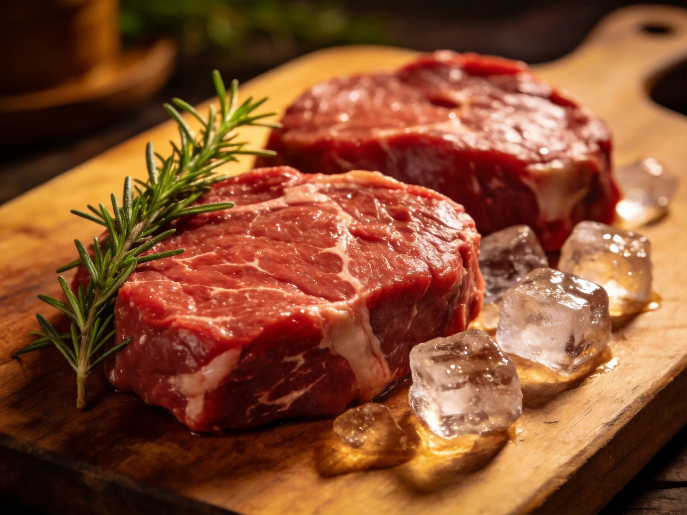 Two raw marbled steaks on a wooden board with rosemary and ice