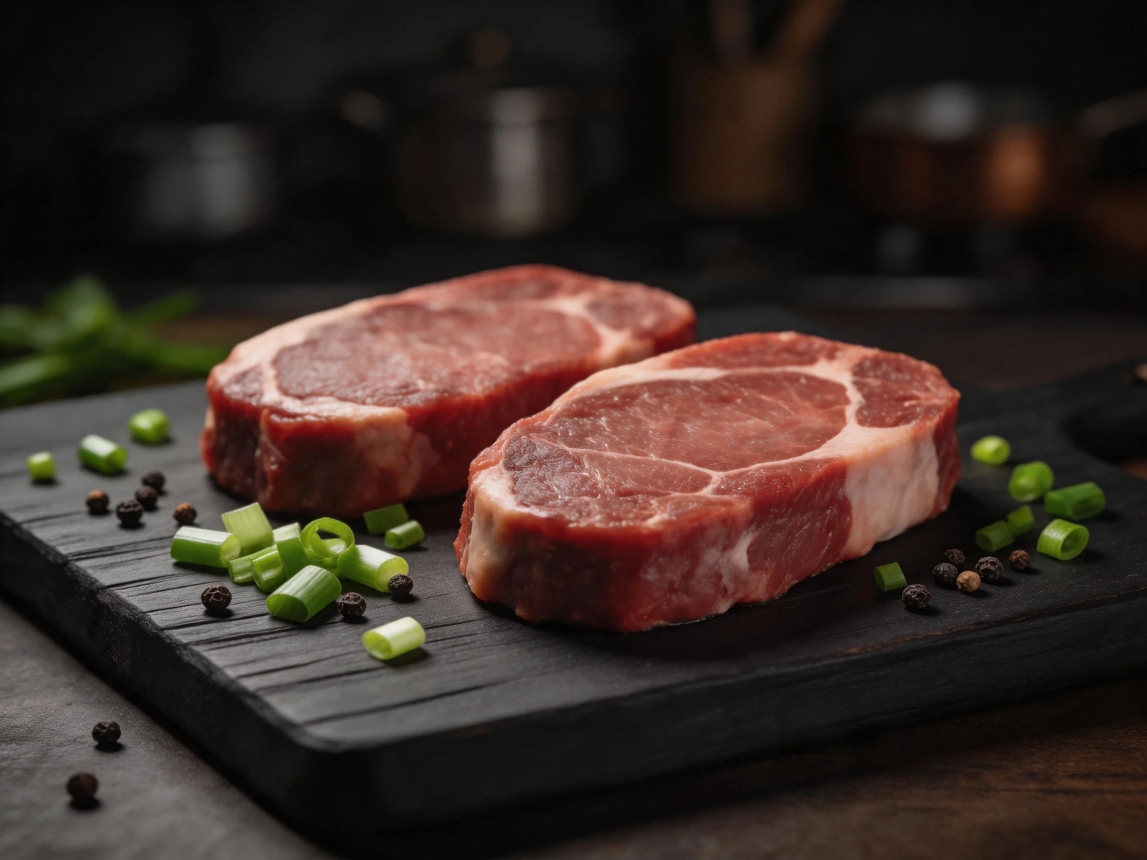 Two raw marbled steaks rest on a dark wooden board with green onions and peppercorns