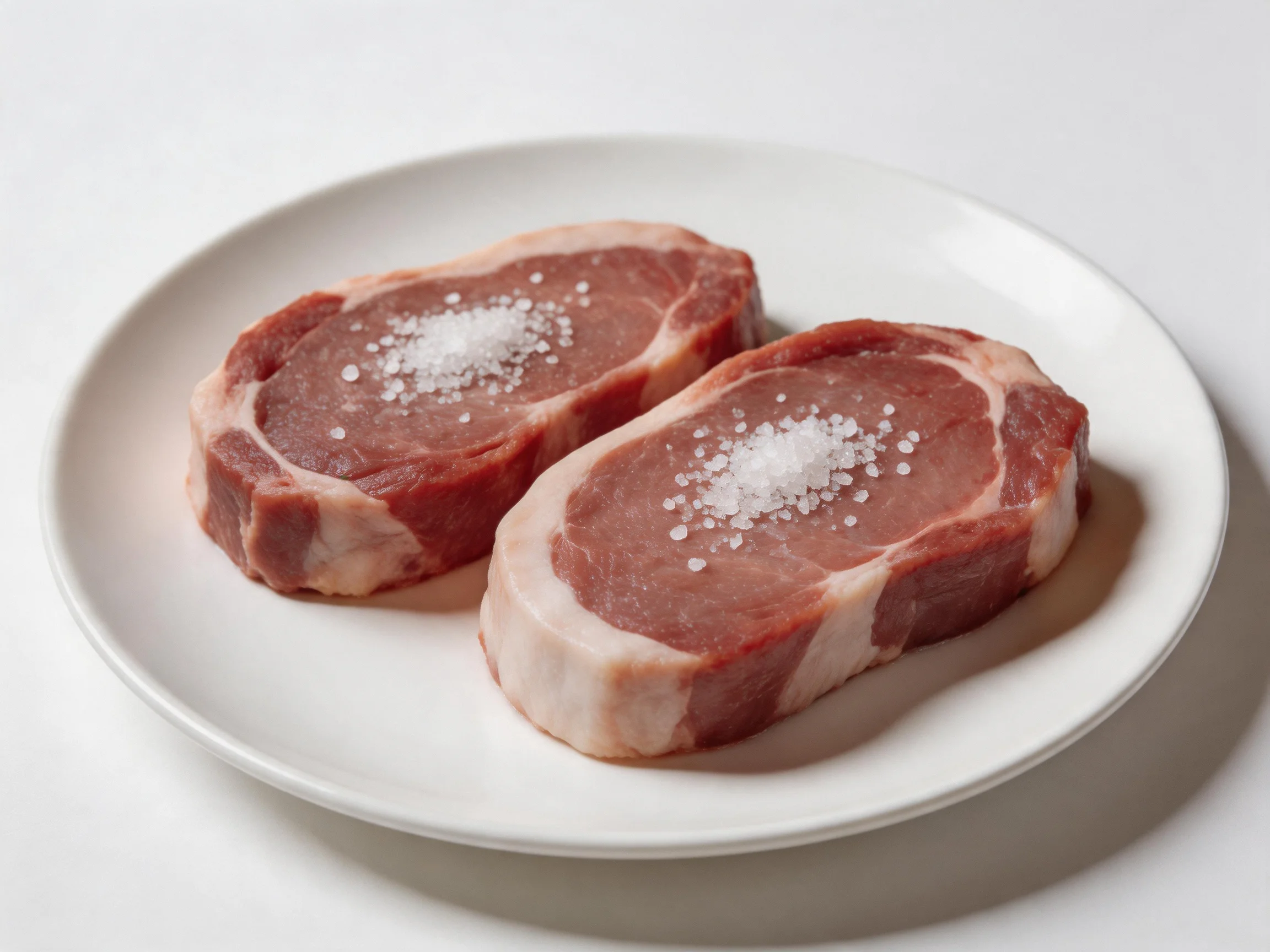 Two raw pork steaks with coarse salt on a plain white plate
