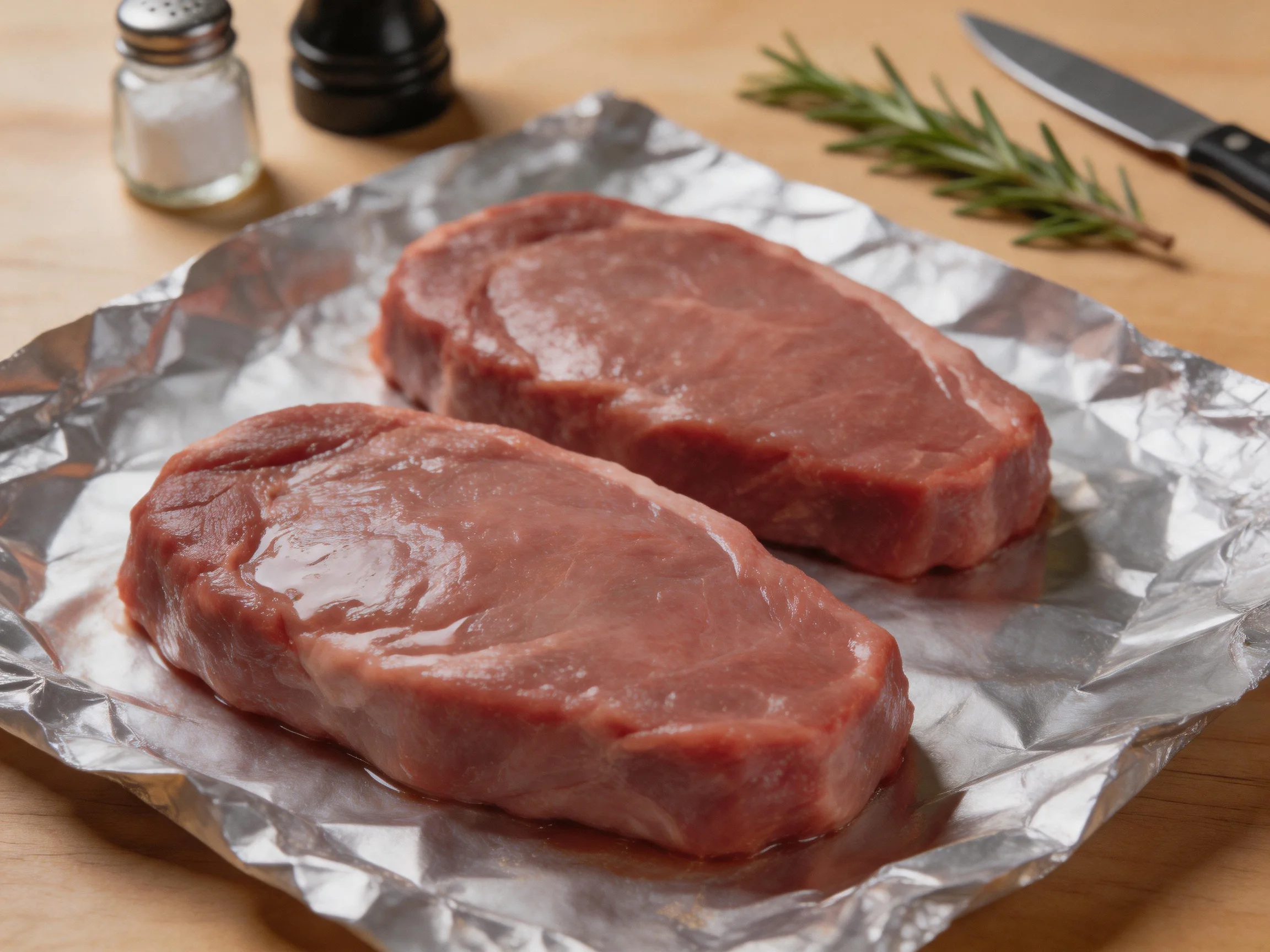 Two raw red steaks sit on crumpled aluminum foil near rosemary and a knife