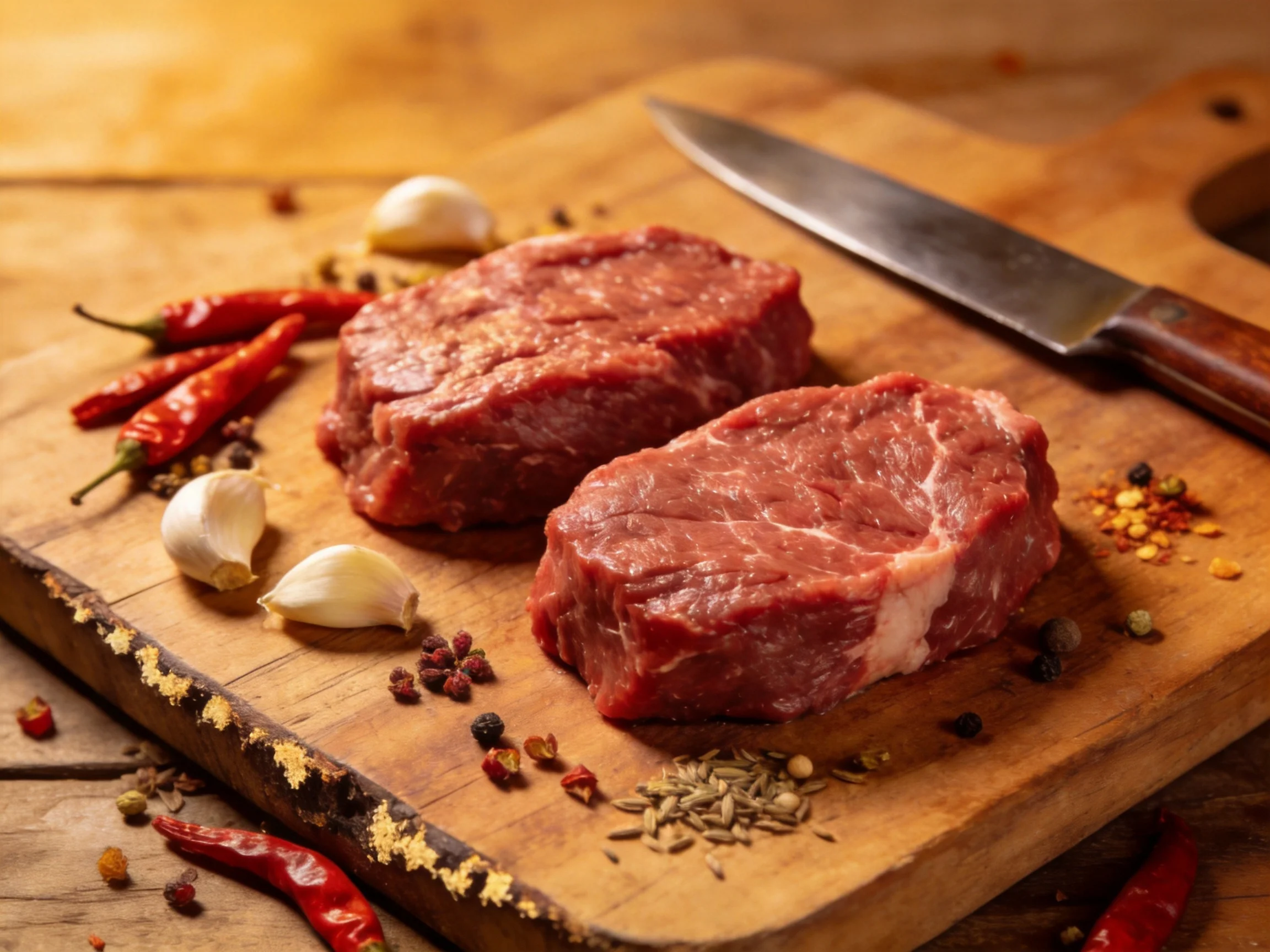 Two raw steaks on a wooden cutting board with spices and a knife