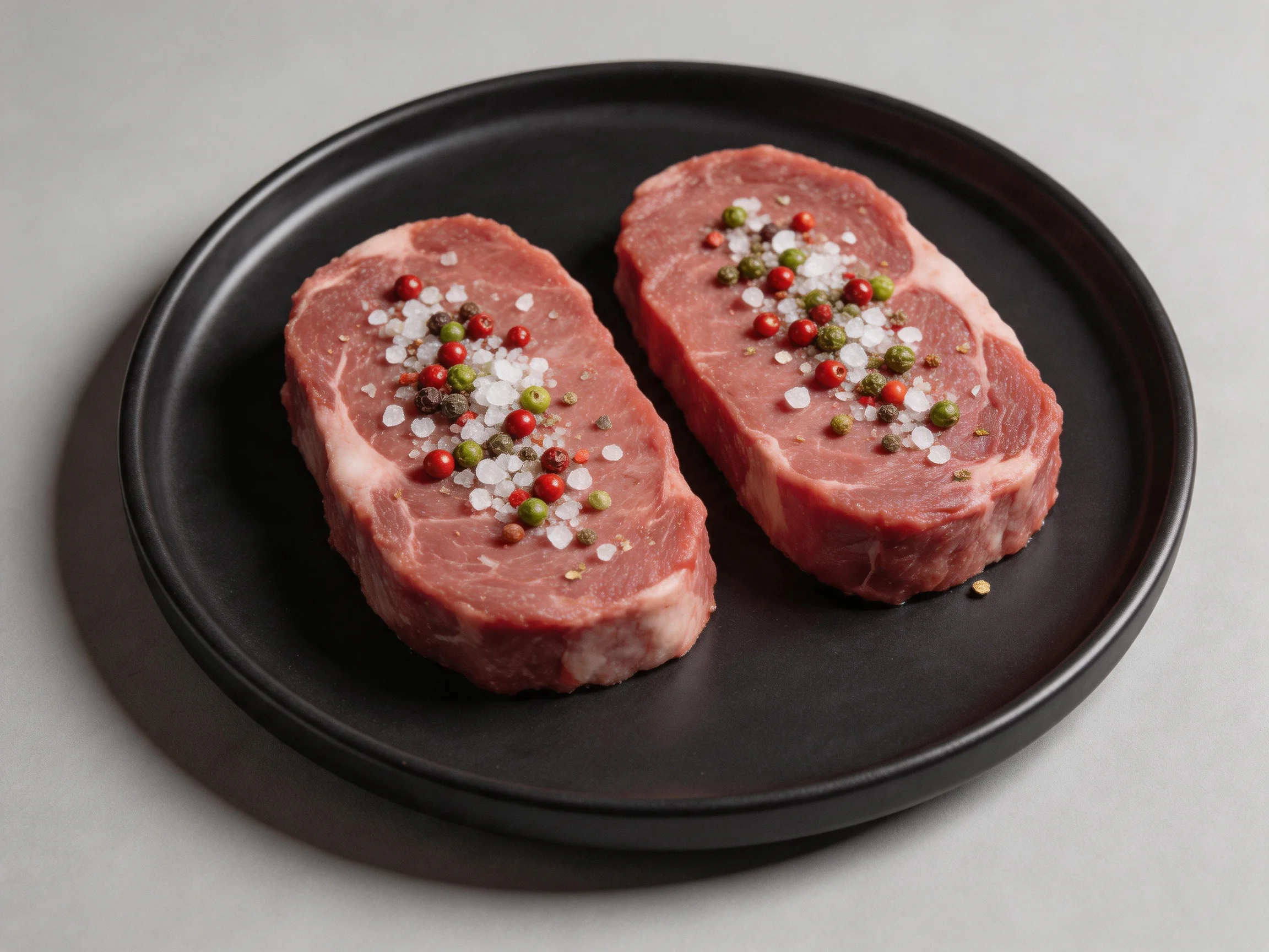 Two raw steaks with mixed peppercorns and salt on a black plate