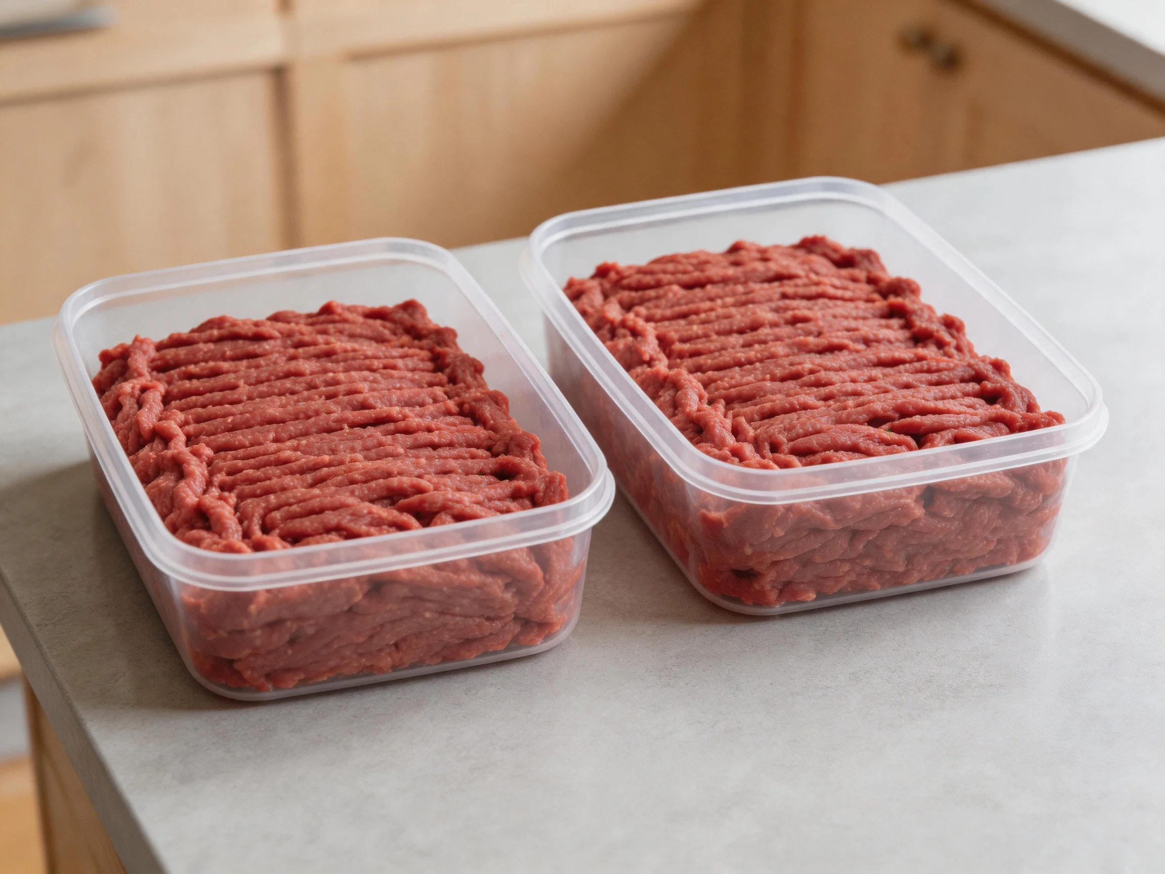 Two rectangular plastic containers hold reddish-brown ground meat