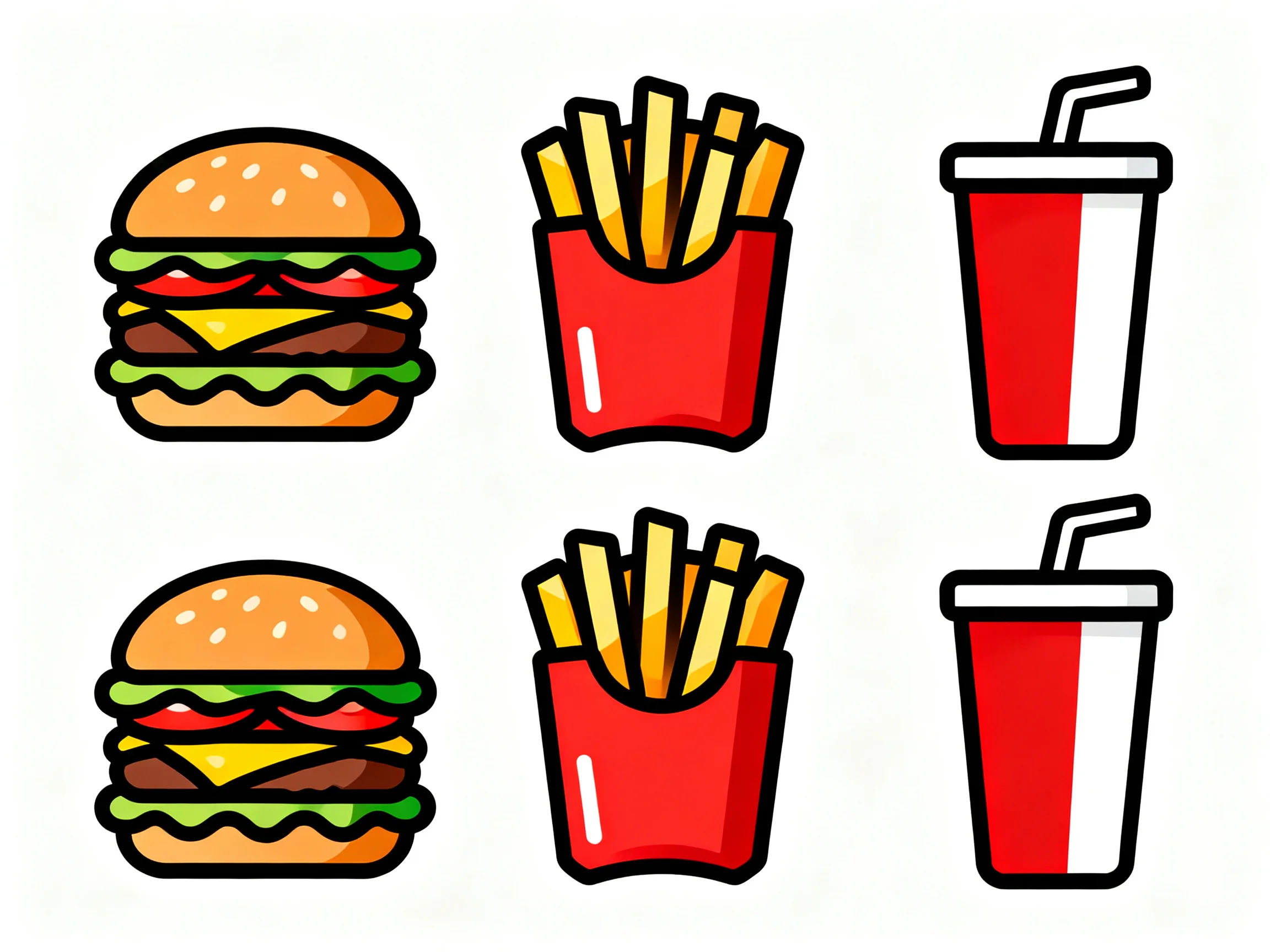 Two rows of colorful fast food icons featuring burgers, fries, and soda cups