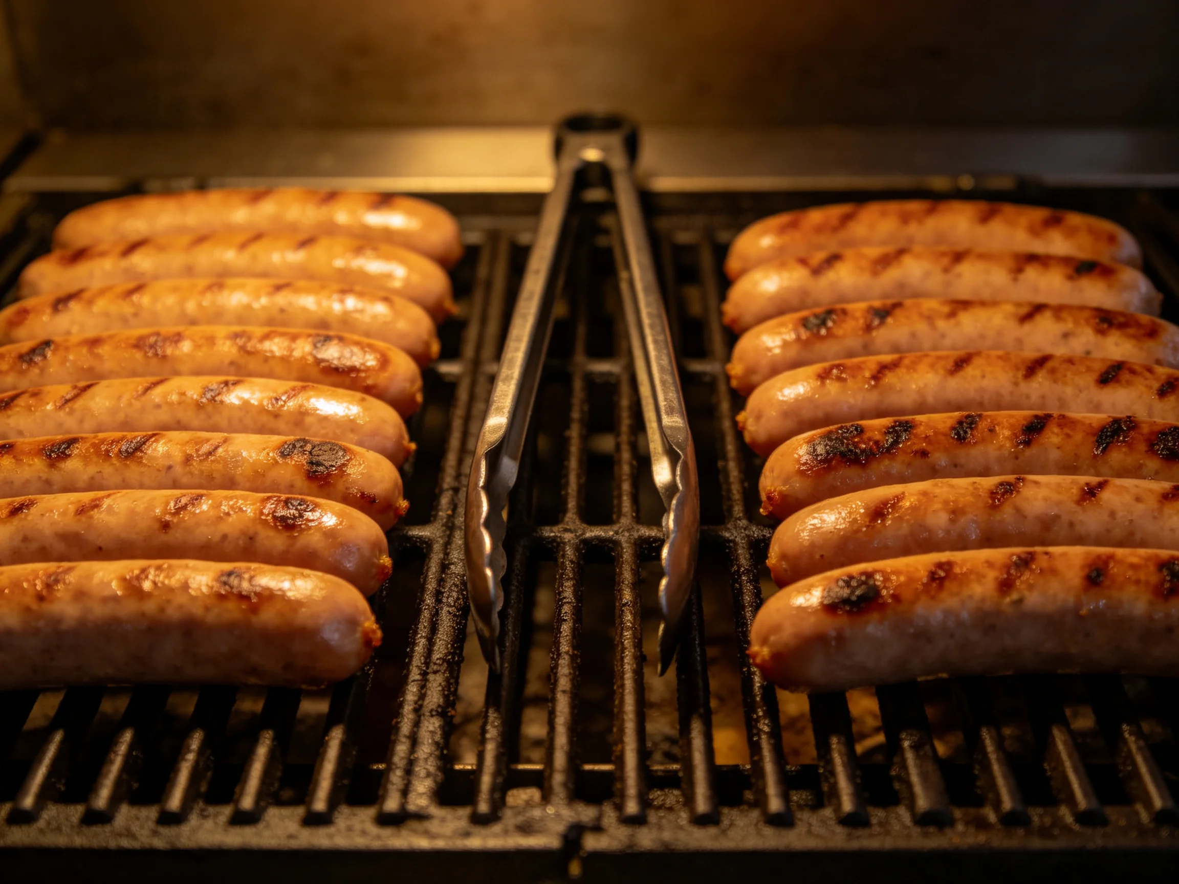 Two rows of grilled sausages on a barbecue grill with metal tongs