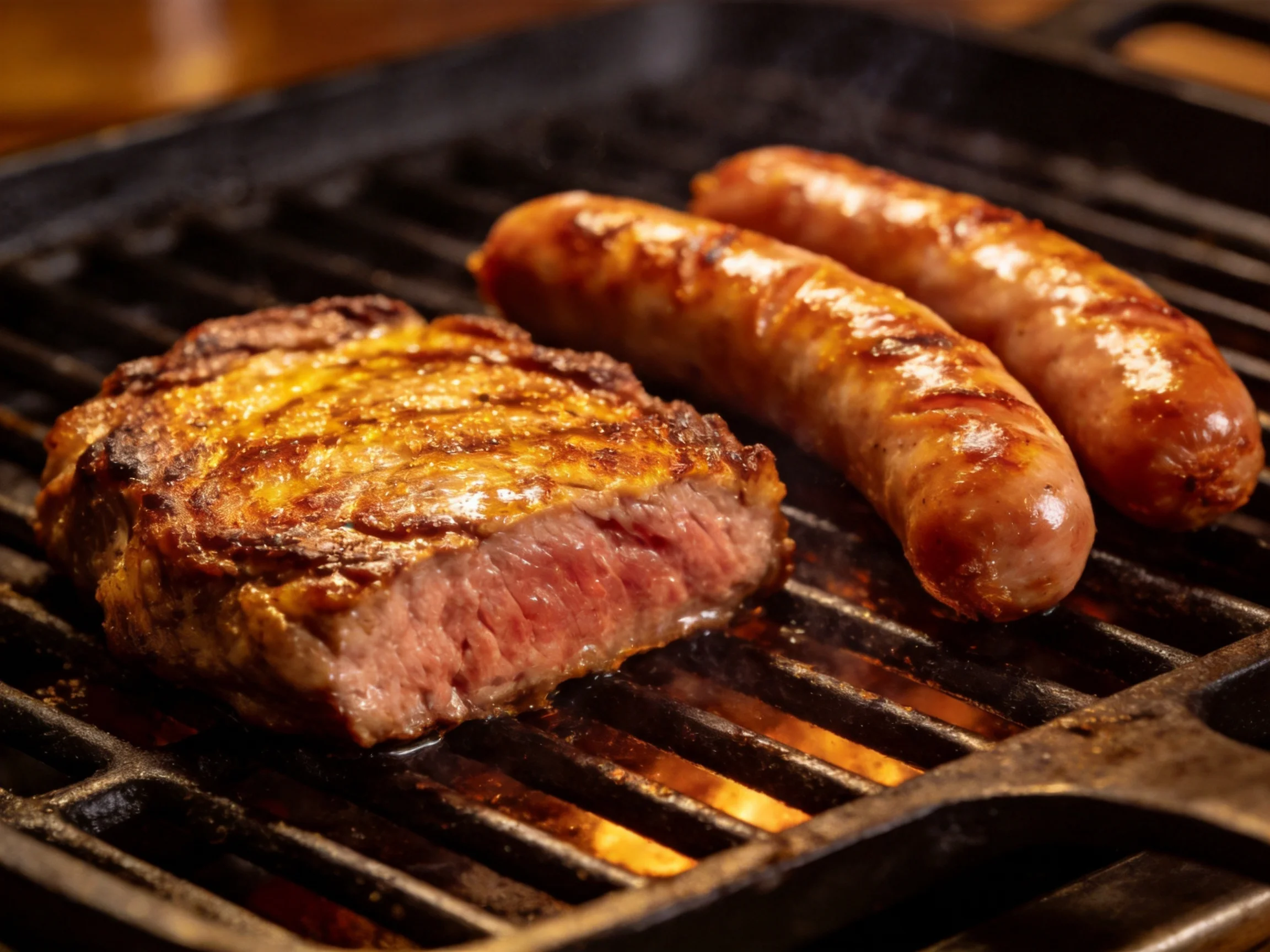 Two sausages and a steak grill on a black cast iron griddle