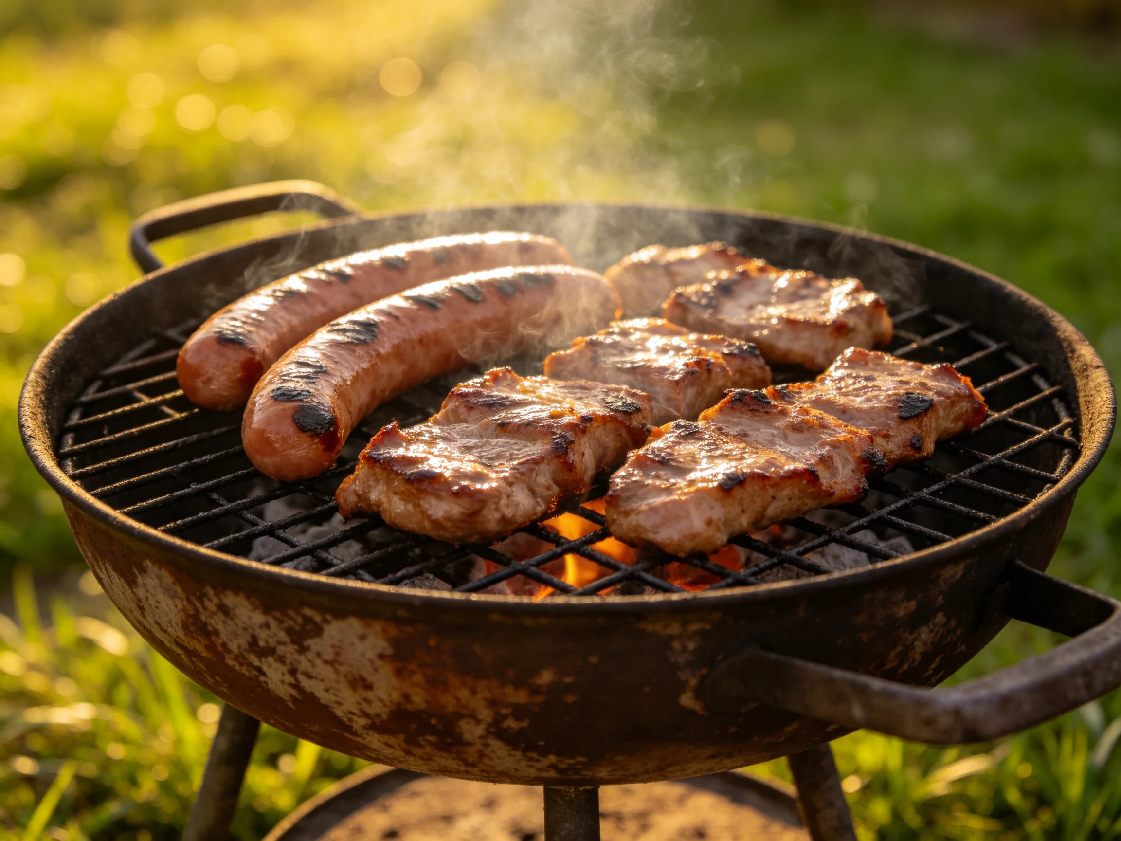 Two sausages and pork chops grill on a rusty charcoal barbecue