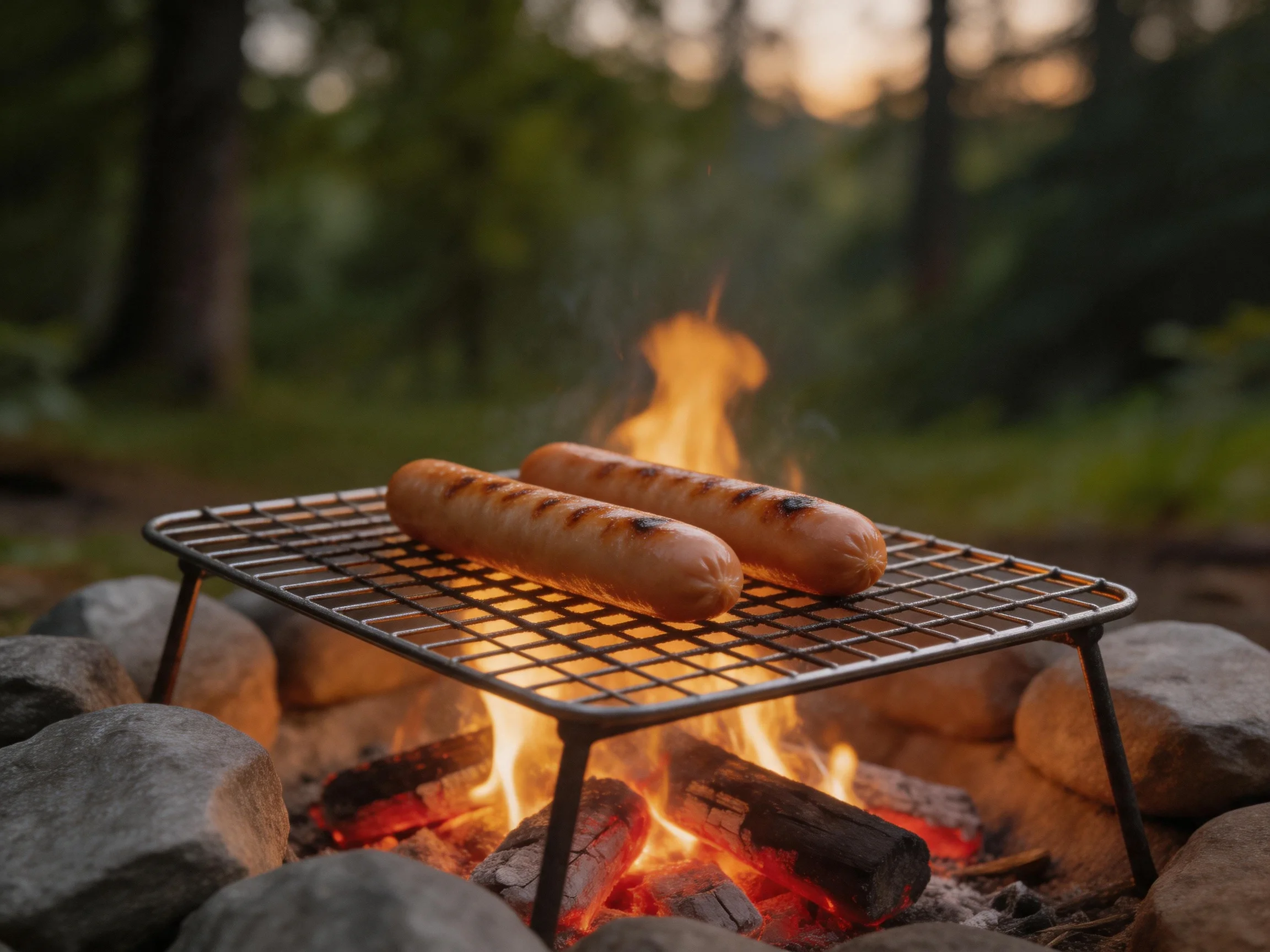Two sausages grill over a campfire in a wooded area
