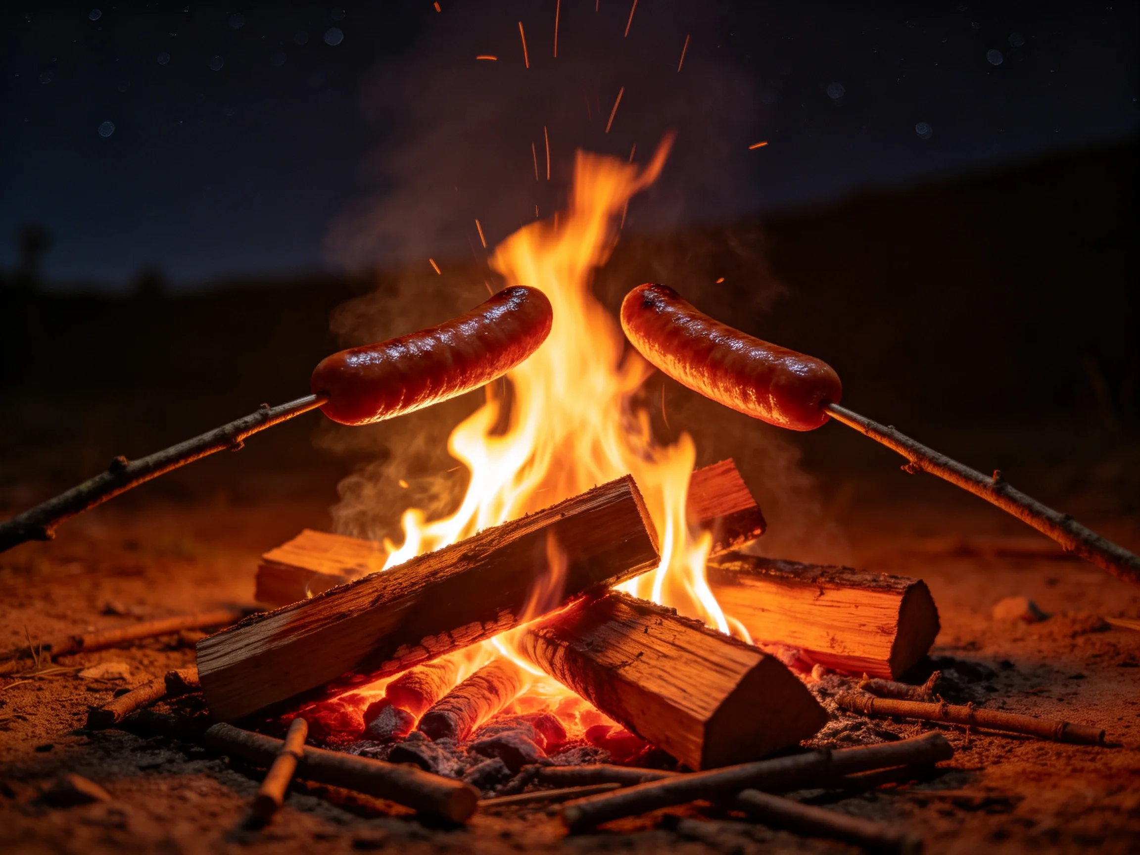 Two sausages roasted over a blazing nighttime campfire