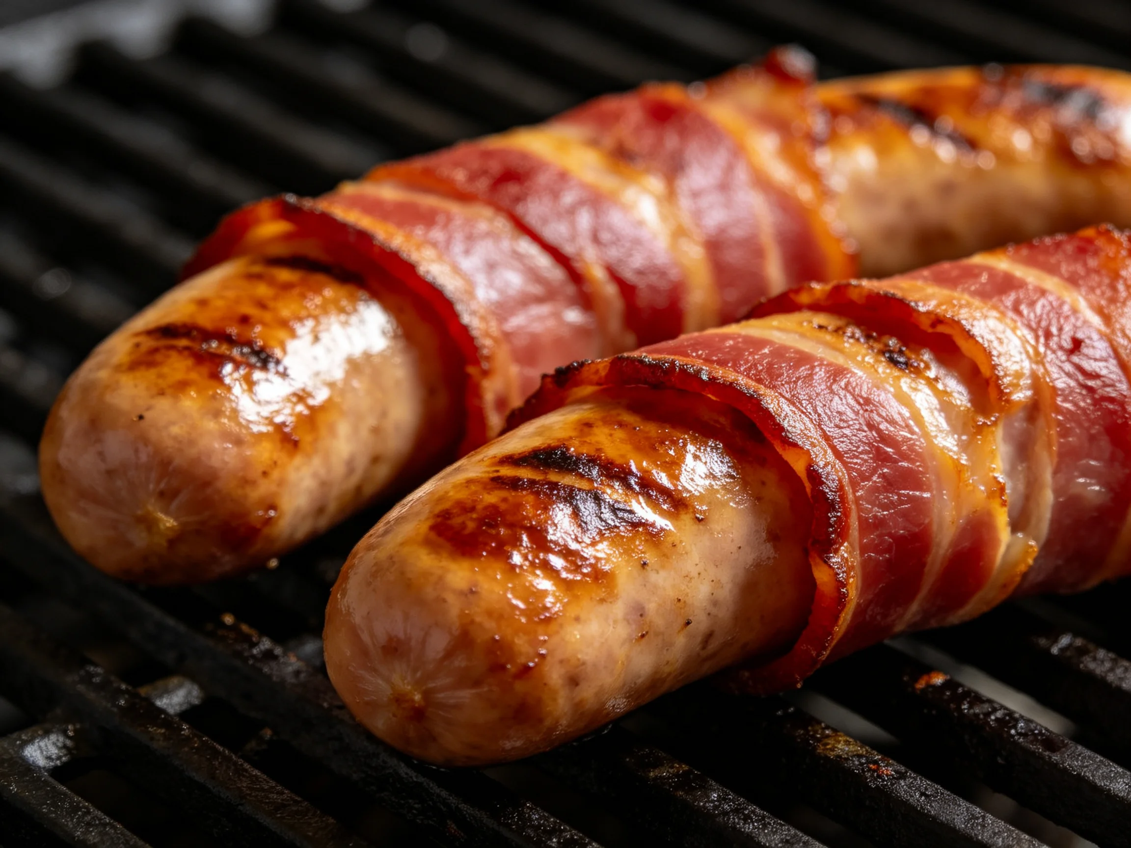 Two sausages wrapped in crispy bacon cooking on a black grill