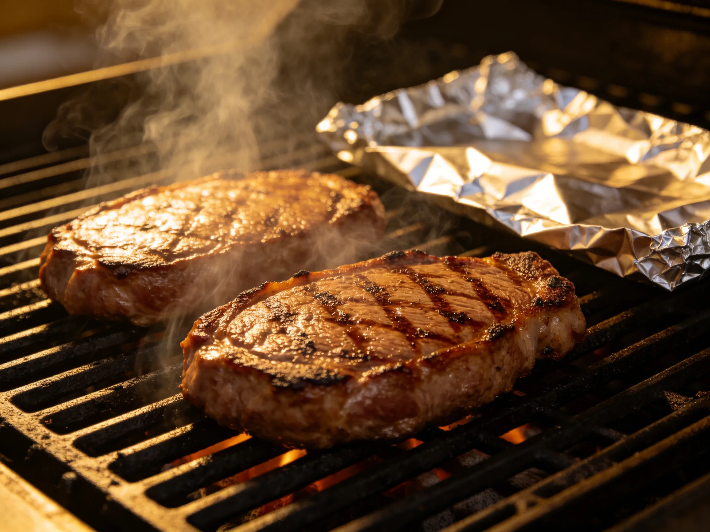 Two seared steaks cook on a hot outdoor grill beside crumpled aluminum foil
