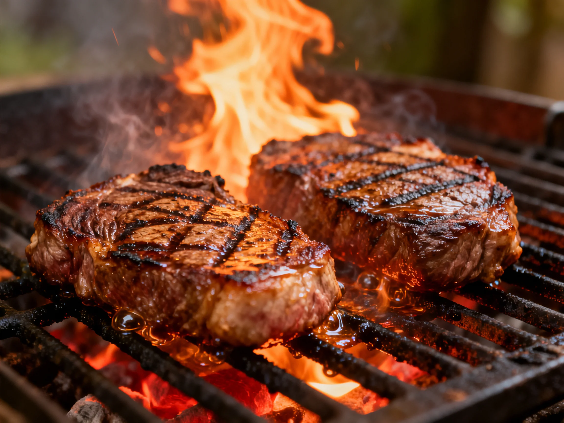 Two steaks grill over a flaming barbecue with charred grill marks
