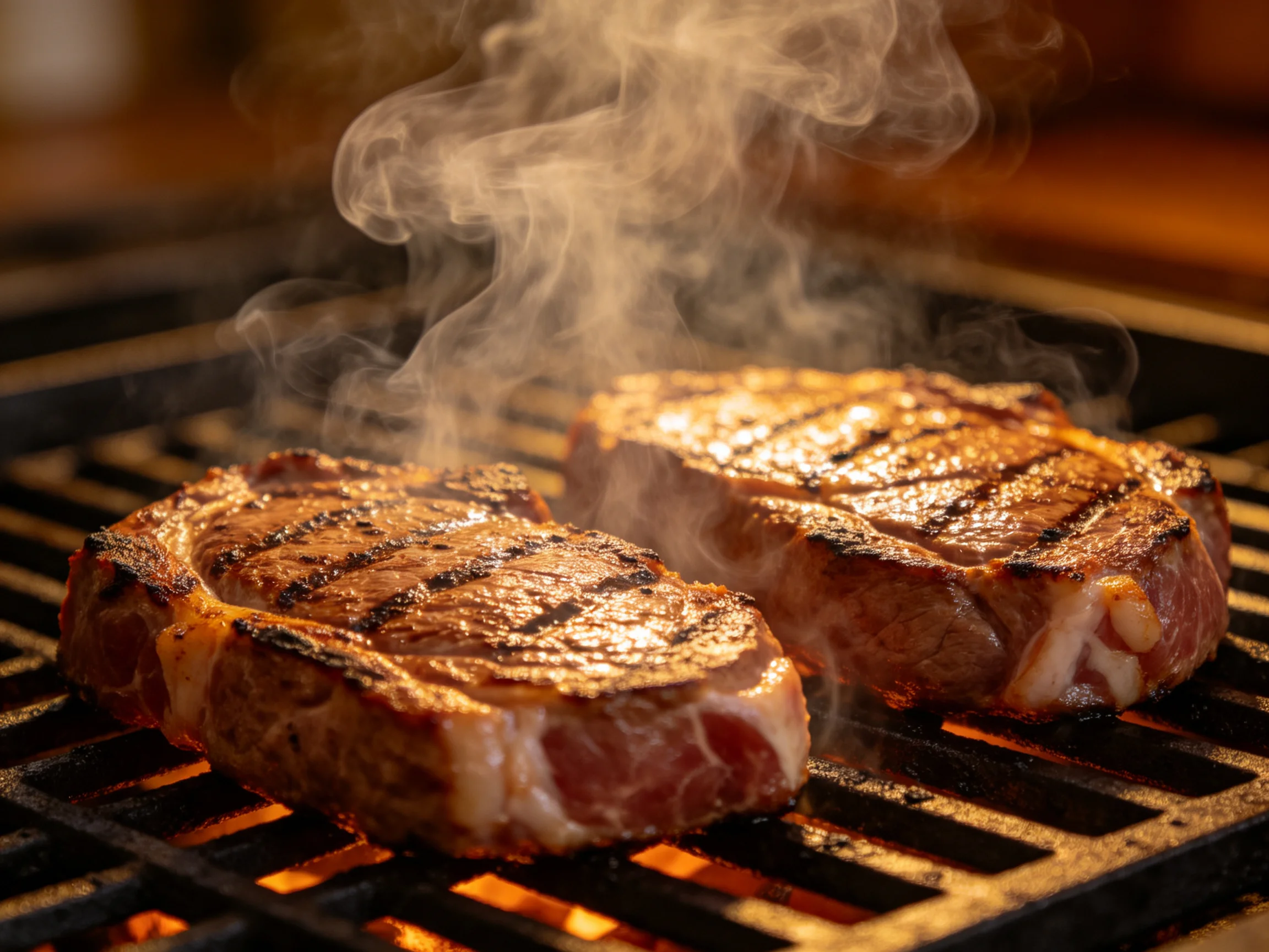 Two seared steaks cooking on a hot grill with rising smoke
