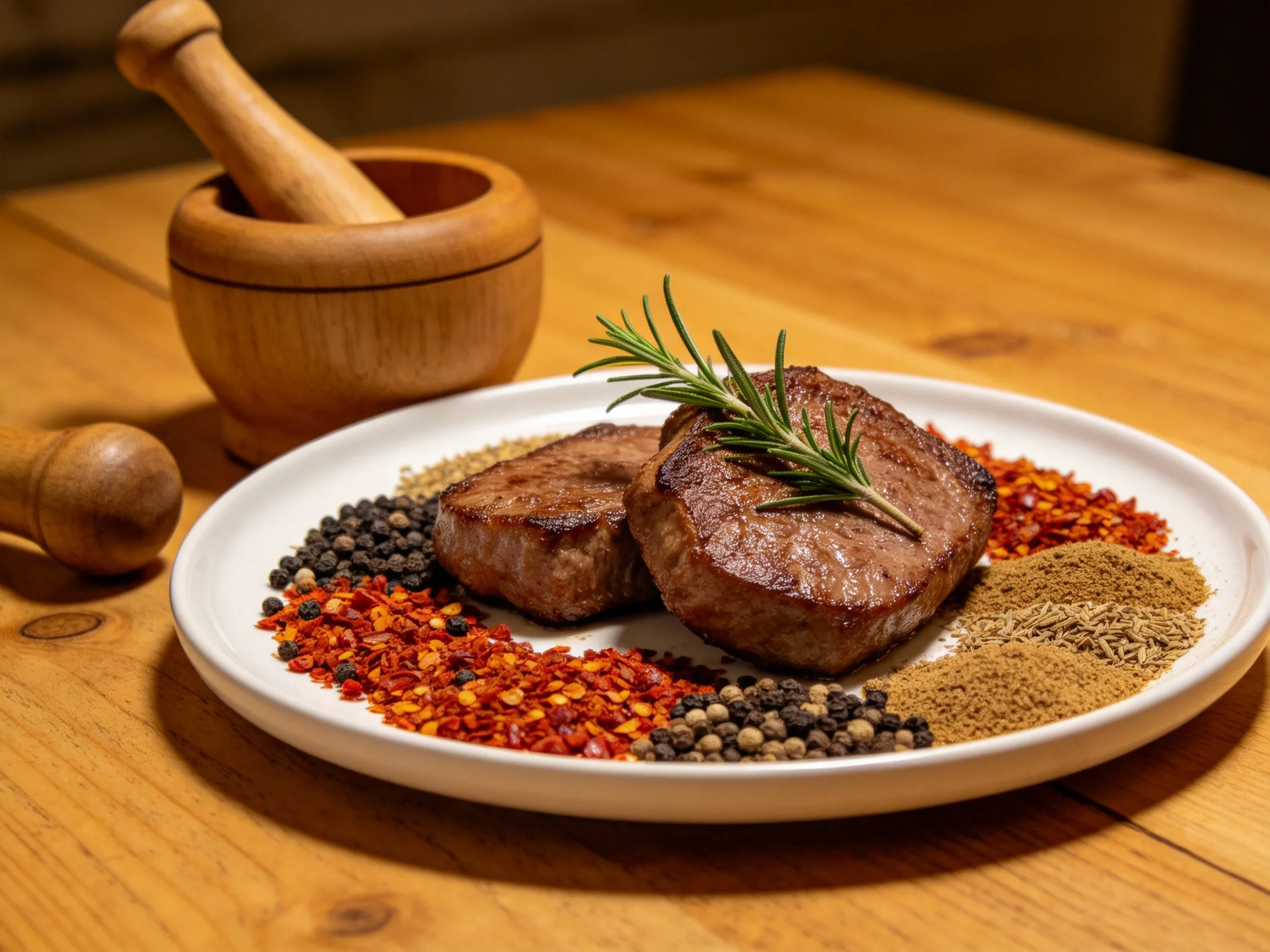 Two seared steaks garnished with rosemary, surrounded by colorful spices and wooden mortar