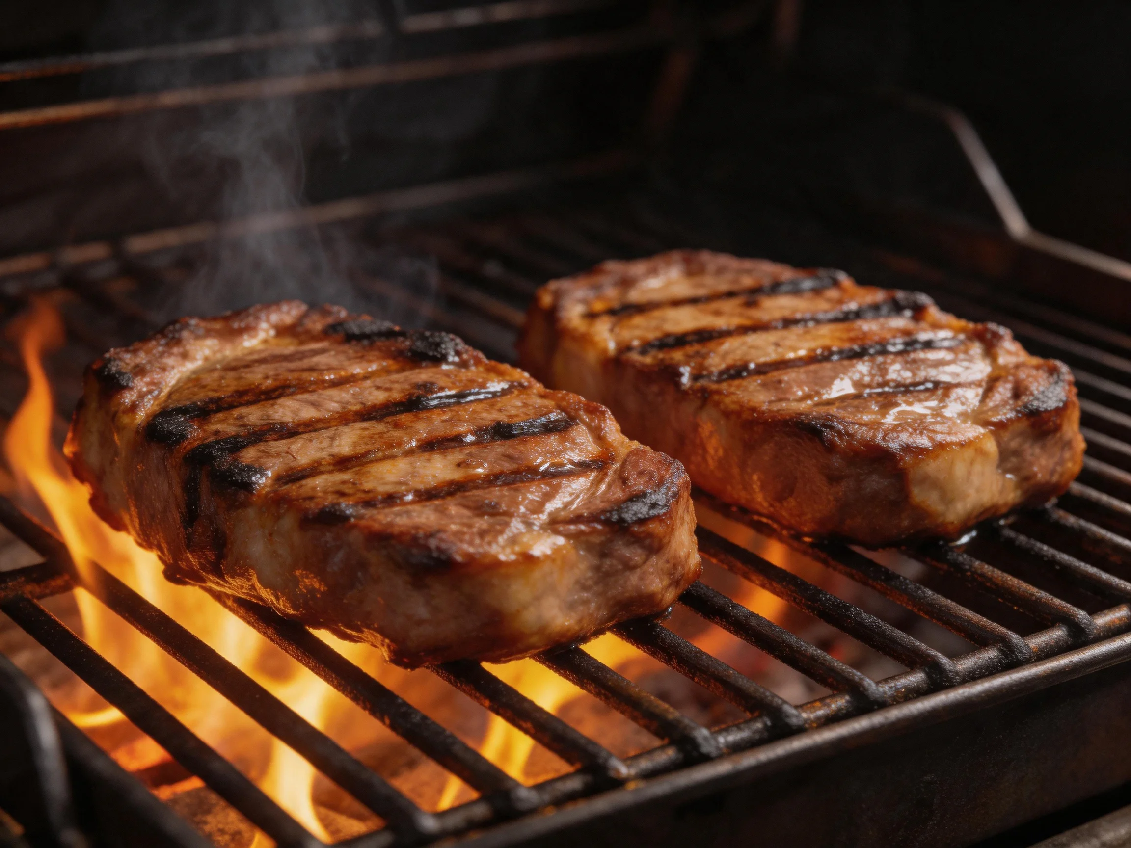 Two seared steaks grilling over bright orange flames on a metal grill