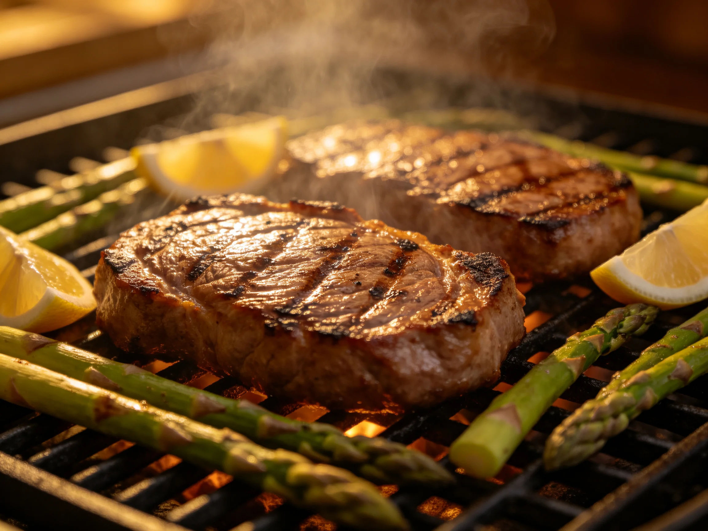 Two seared steaks, vibrant green asparagus, and yellow lemon slices grill over glowing embers.