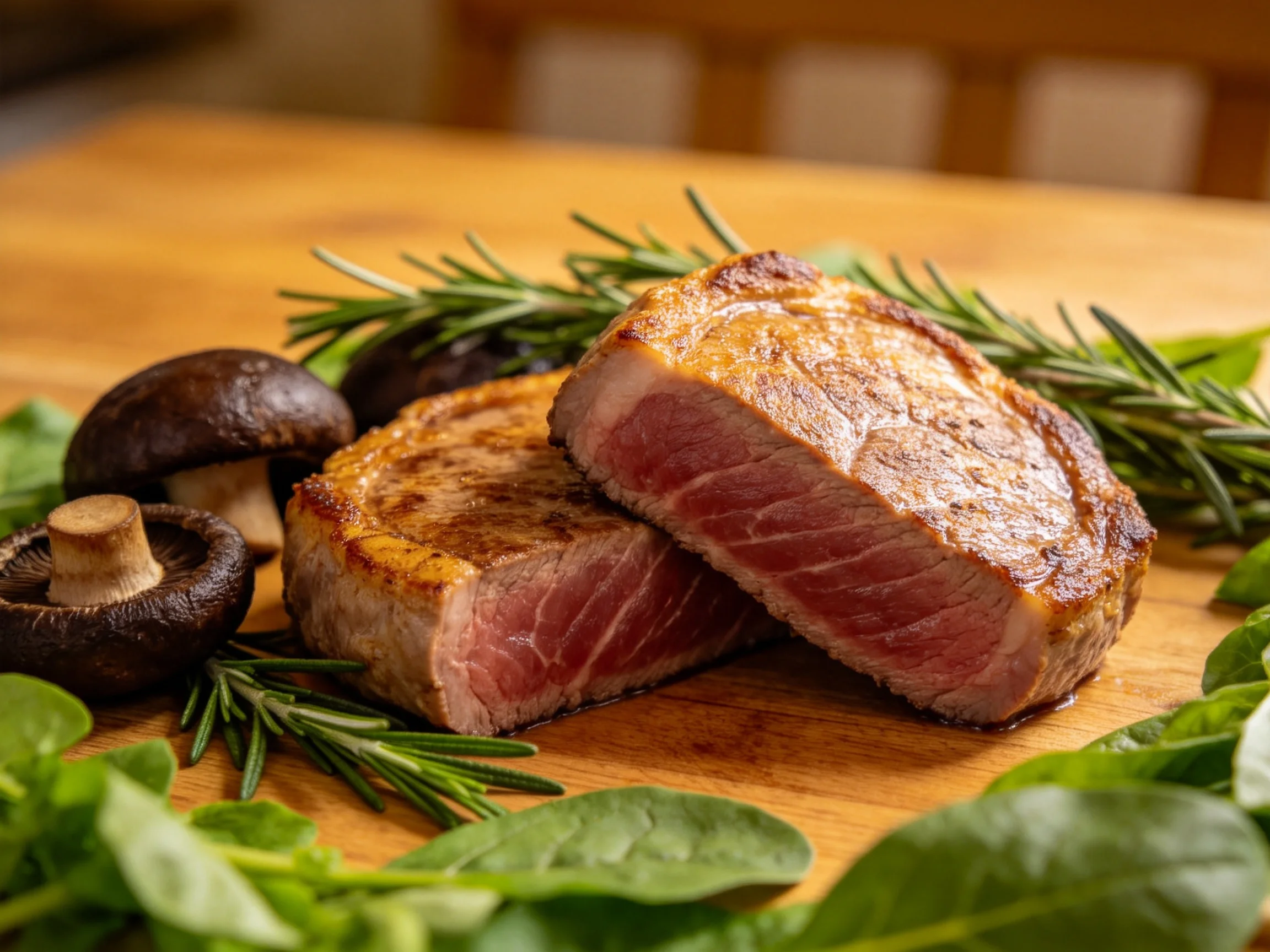 Seared steaks, mushrooms, and fresh herbs are arranged on a wooden surface.