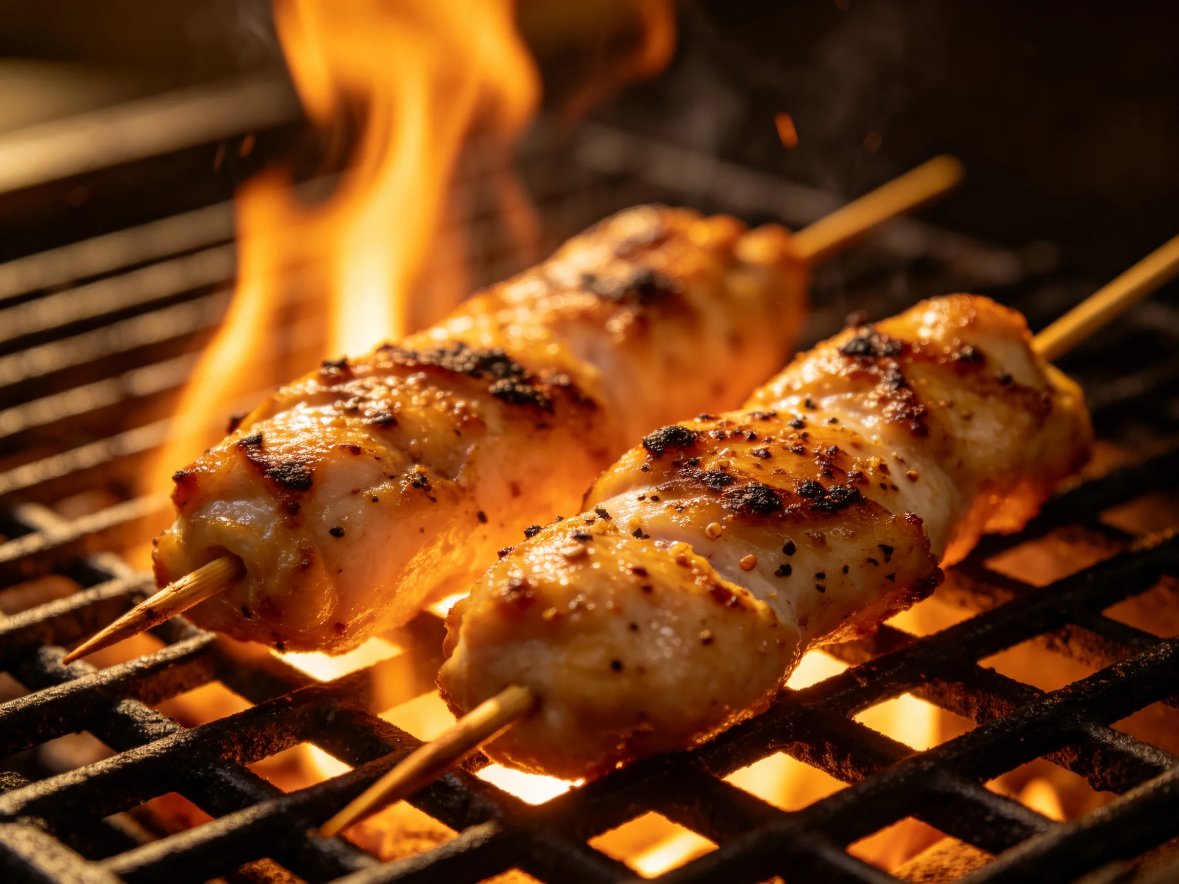Two seasoned chicken skewers grill over bright orange flames on a black grill
