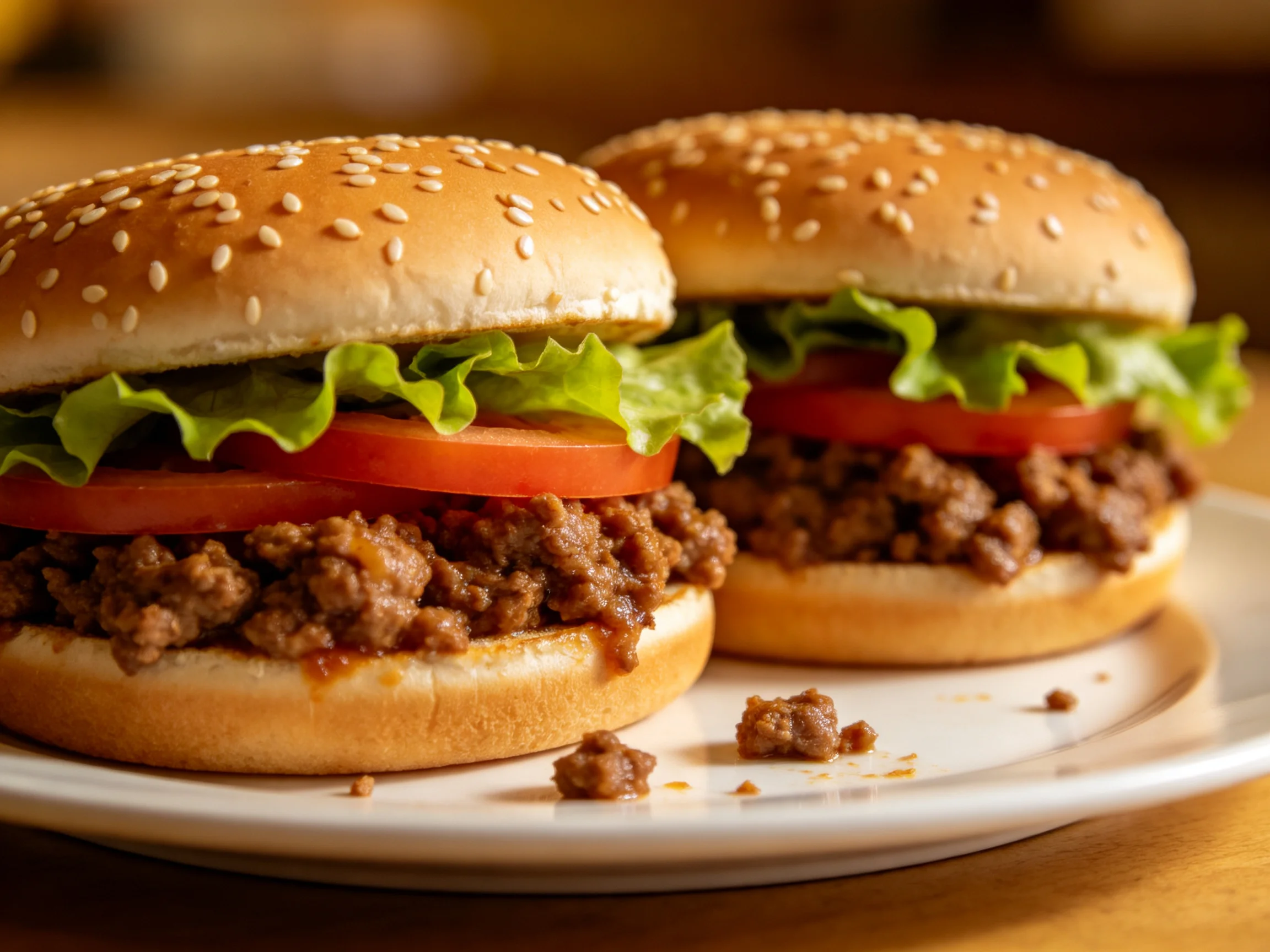 Two sesame bun sliders with lettuce, tomato, and seasoned ground beef