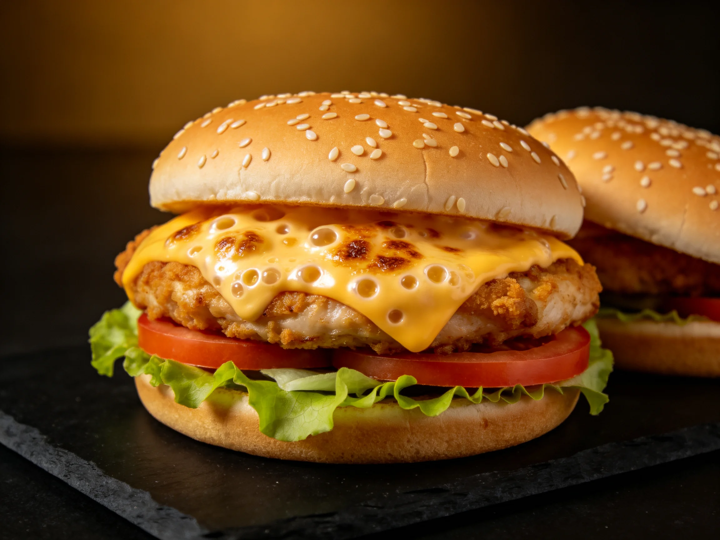 Two sesame seed burger sandwiches with melted cheese and fresh veggies