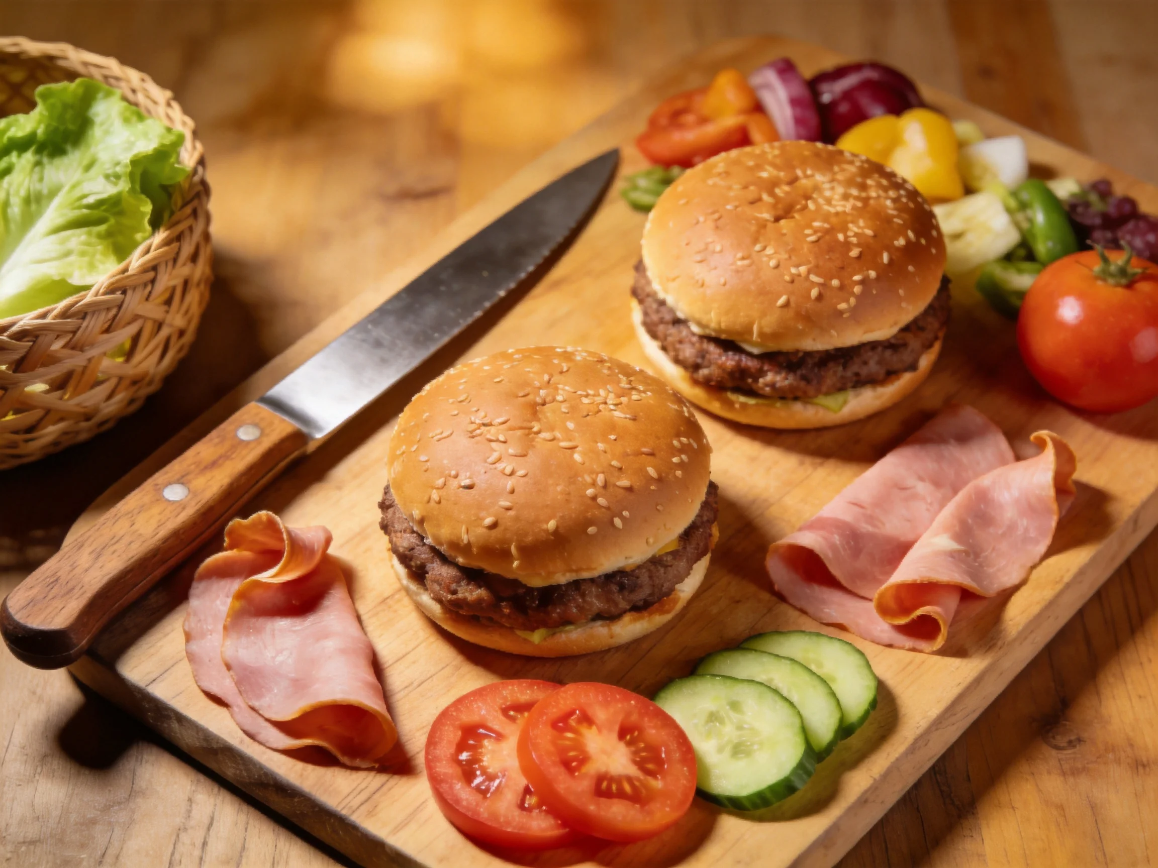 Two sesame seed burgers sit on a wooden board with fresh veggies and sliced meats