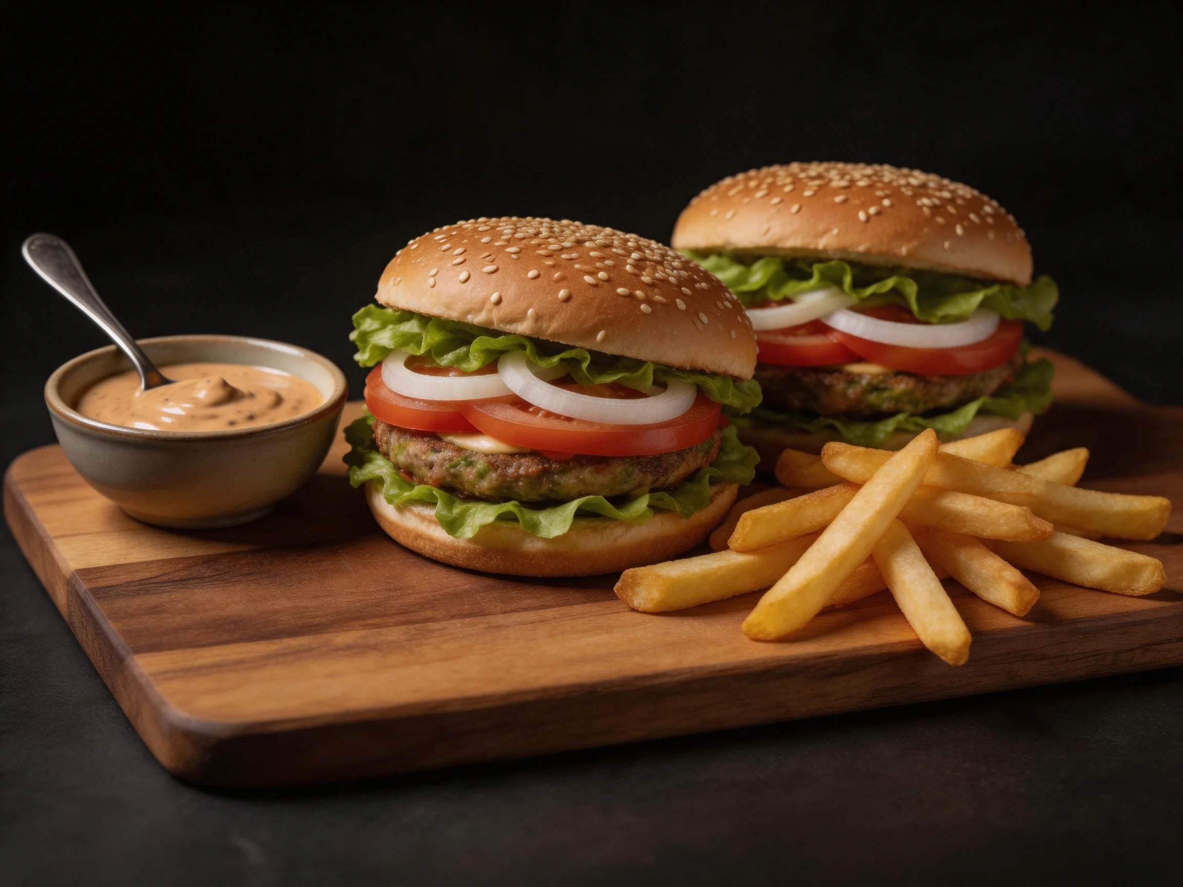 Two sesame seed burgers with fresh veggies served alongside fries and dipping sauce