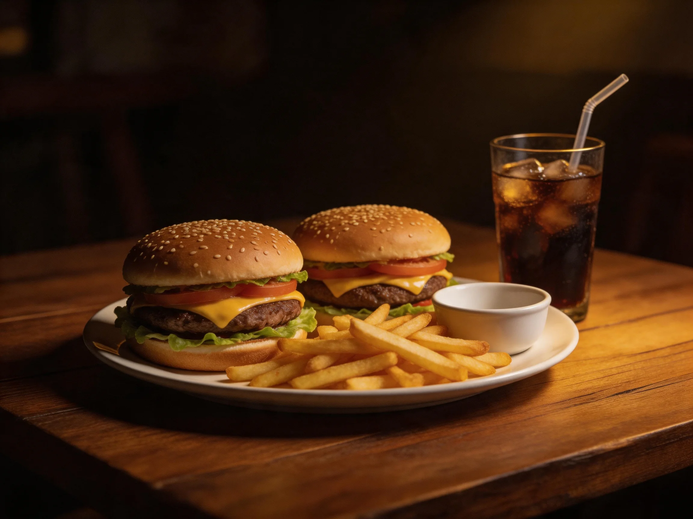 Two sesame seed cheeseburgers, golden fries, and a dark soda on a wooden table