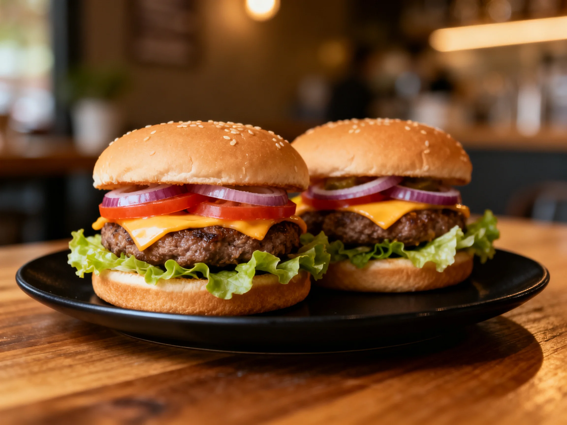 Two sesame seed cheeseburgers with fresh veggies on a black plate