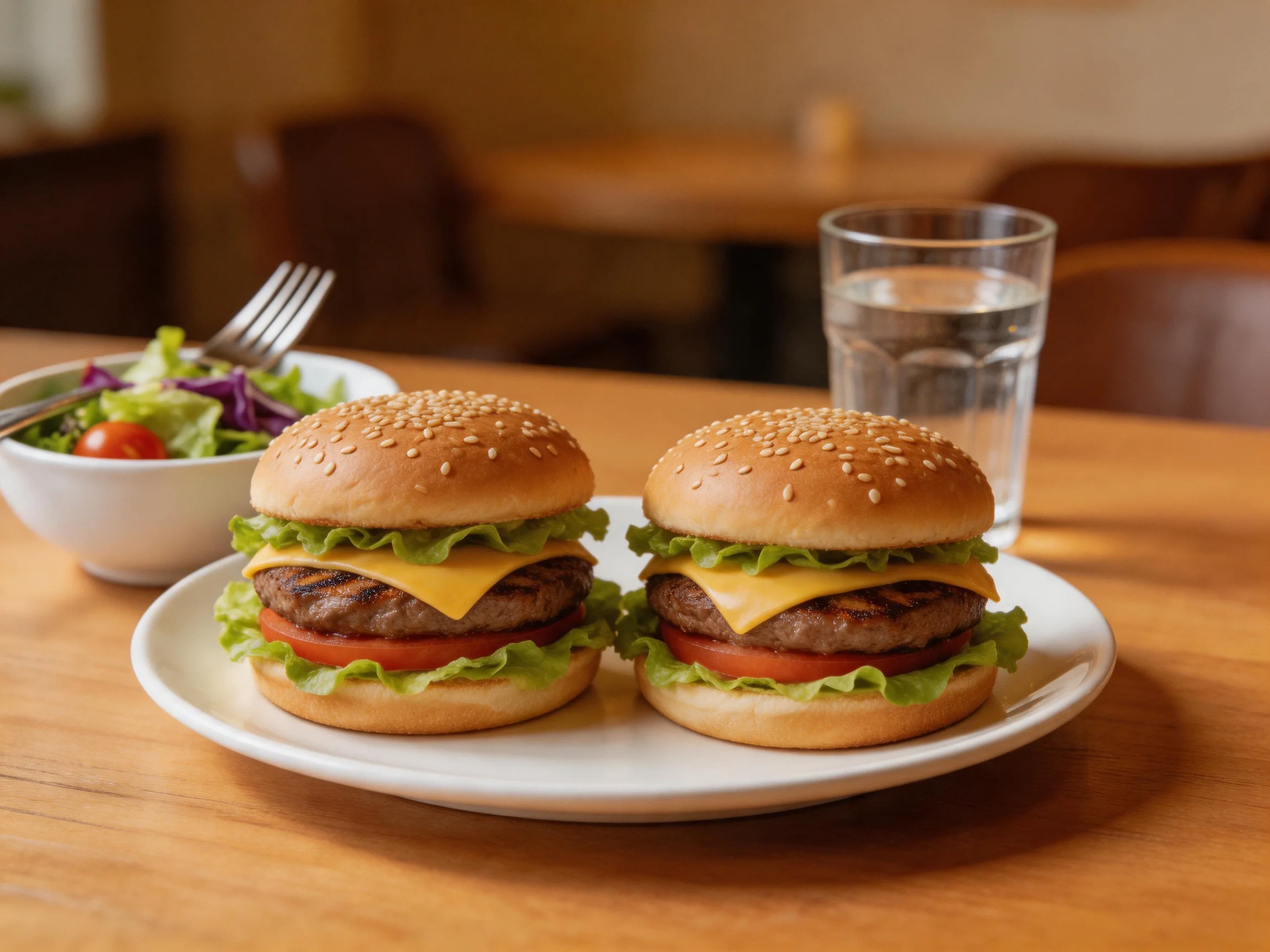 Two sesame seed cheeseburgers with lettuce and tomatoes on a white plate beside a salad bowl and wate