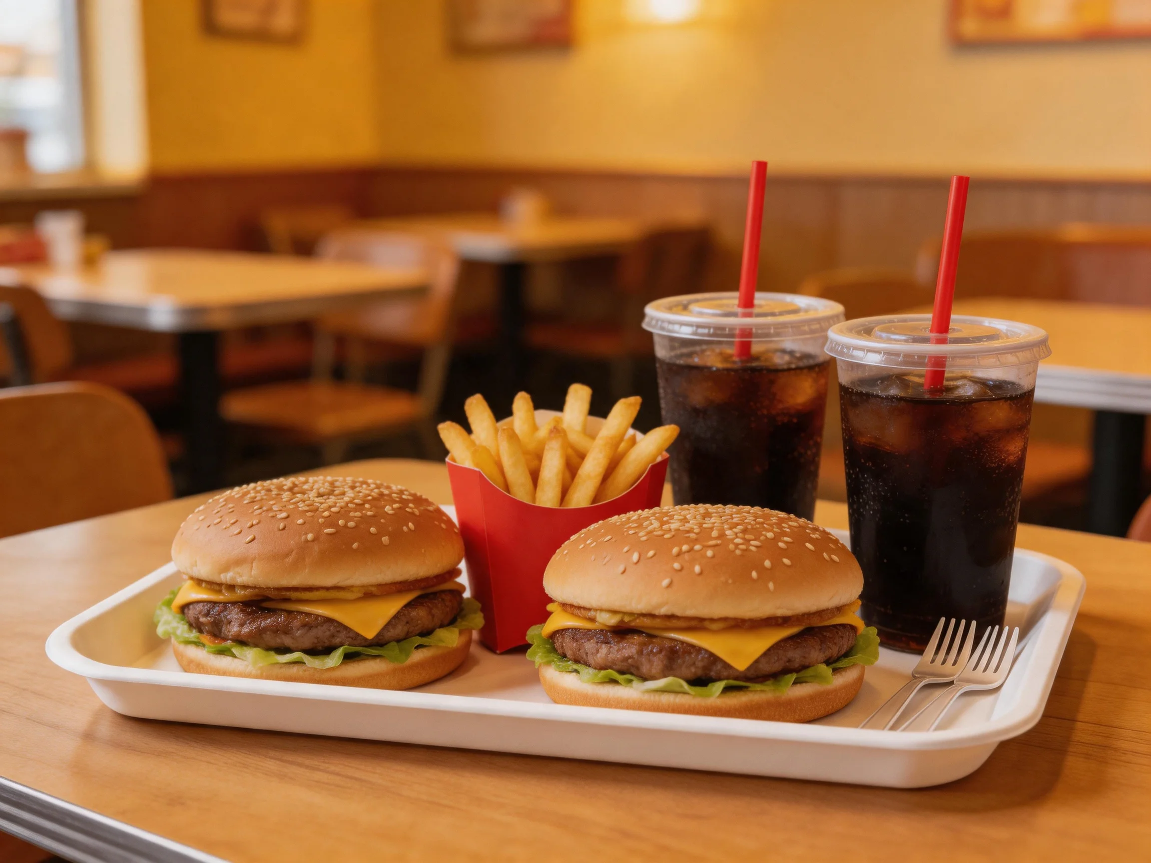Two sesame seed hamburgers, fries, and dark sodas on a tray
