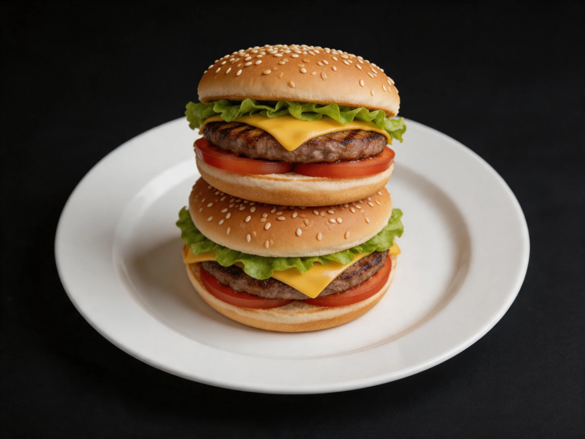 Two sesame-topped cheeseburgers stacked on a white plate