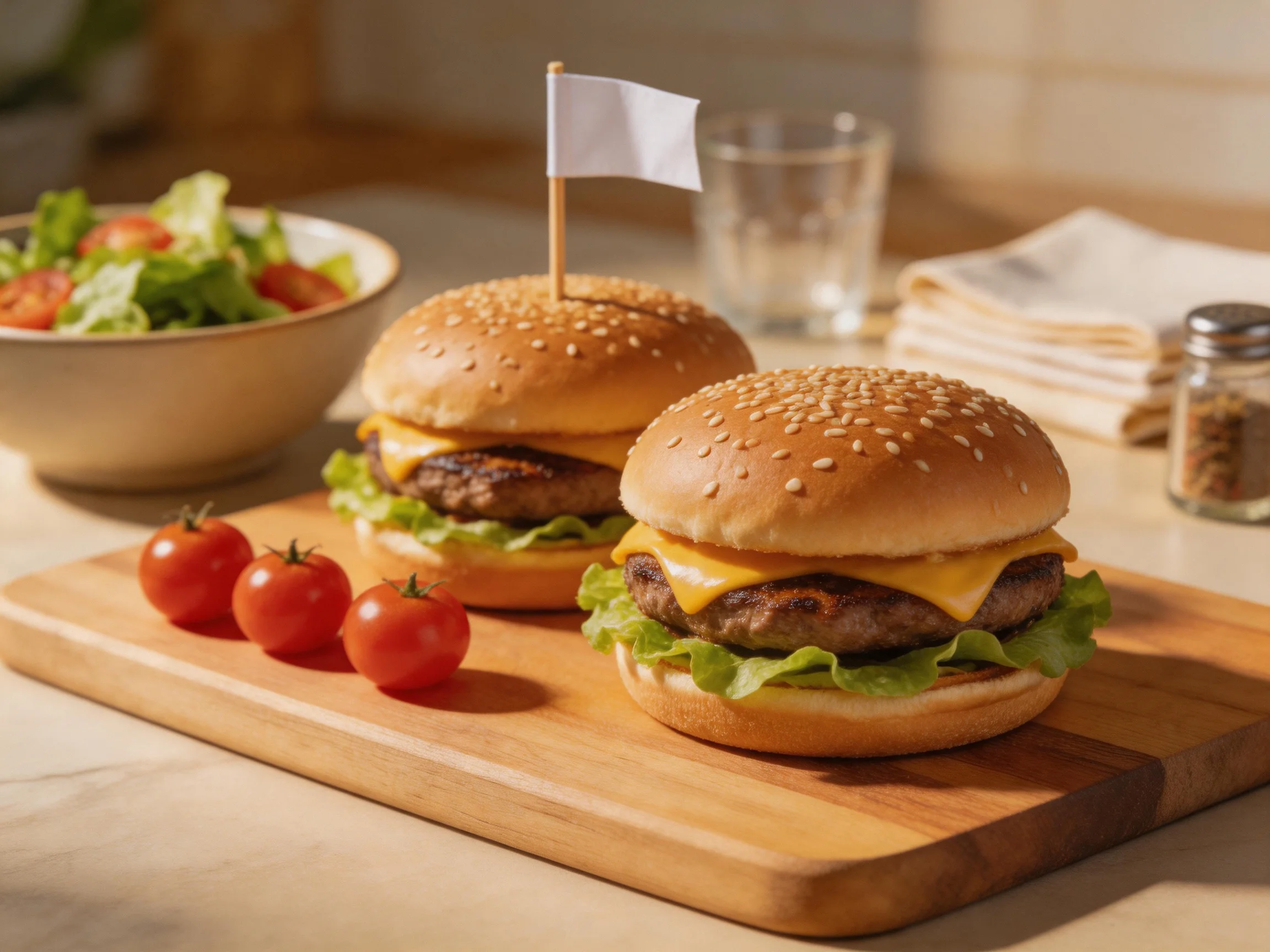 Two sesame-topped cheeseburgers with cherry tomatoes and a mixed green salad