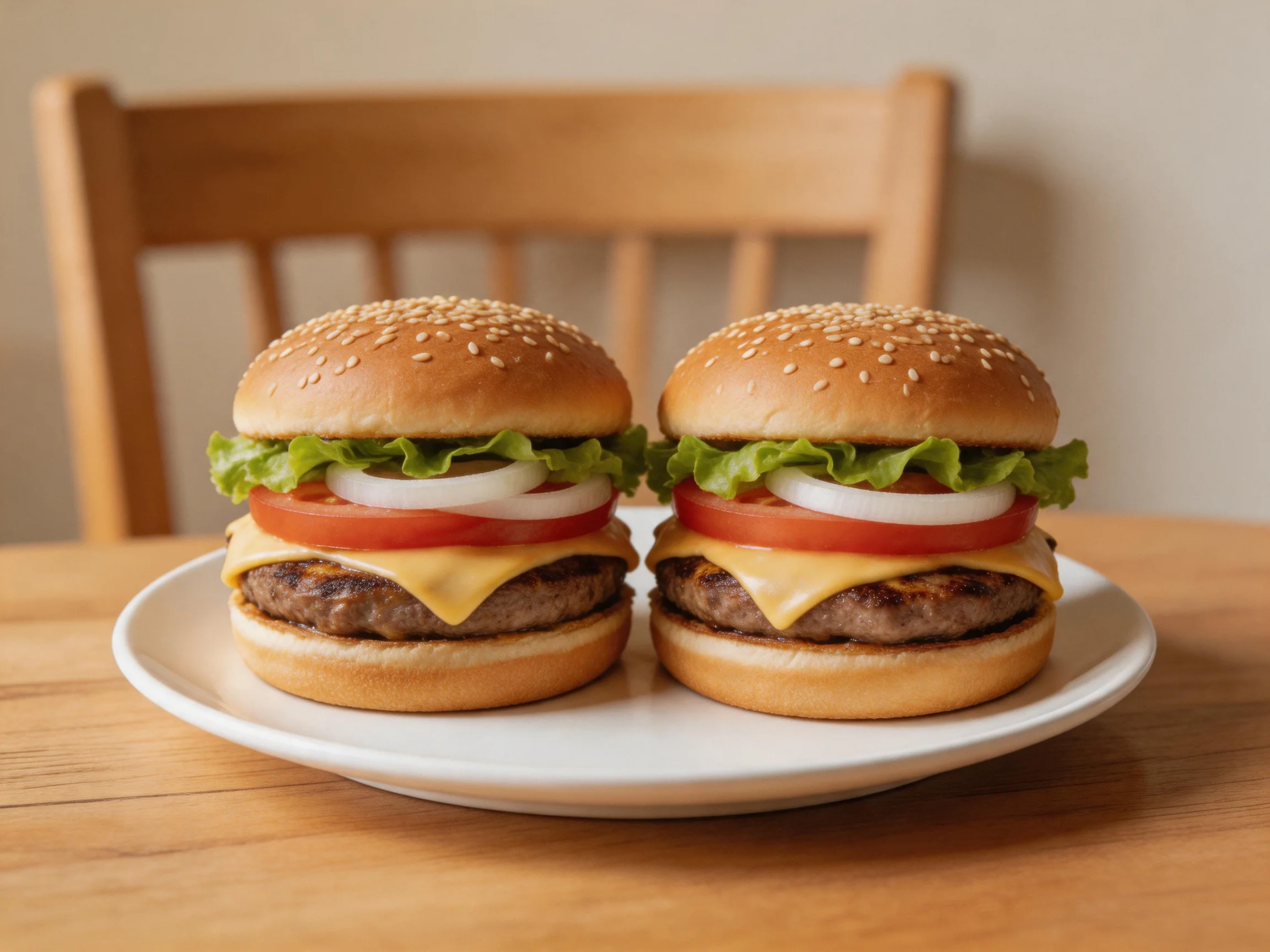 Two sesame-topped cheeseburgers with fresh vegetable toppings