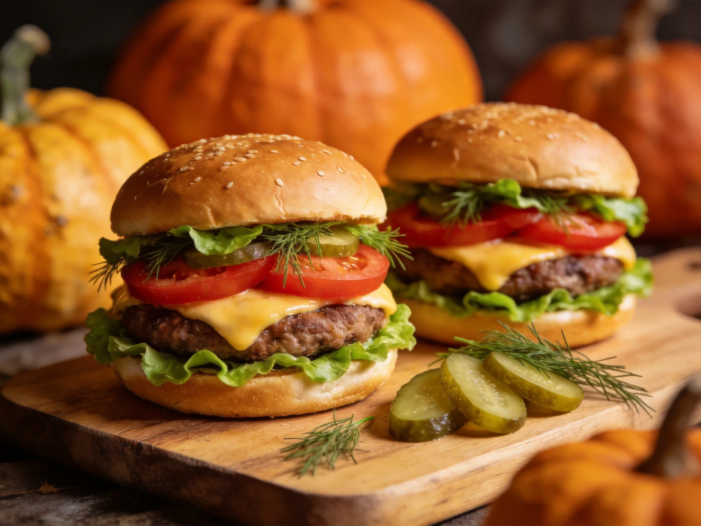 Two sesame-topped cheeseburgers with fresh veggies on a wooden board near pumpkins