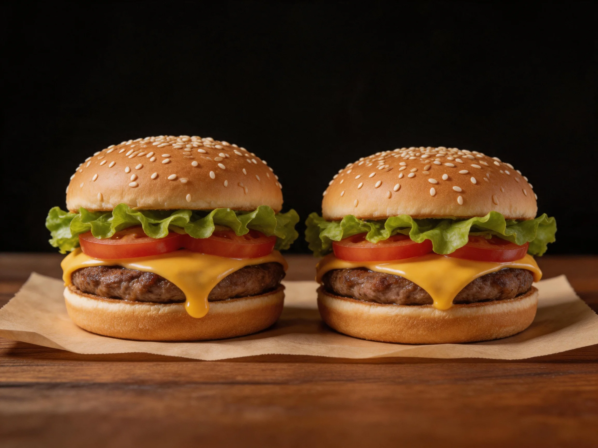 Two sesame-topped cheeseburgers with lettuce and tomato