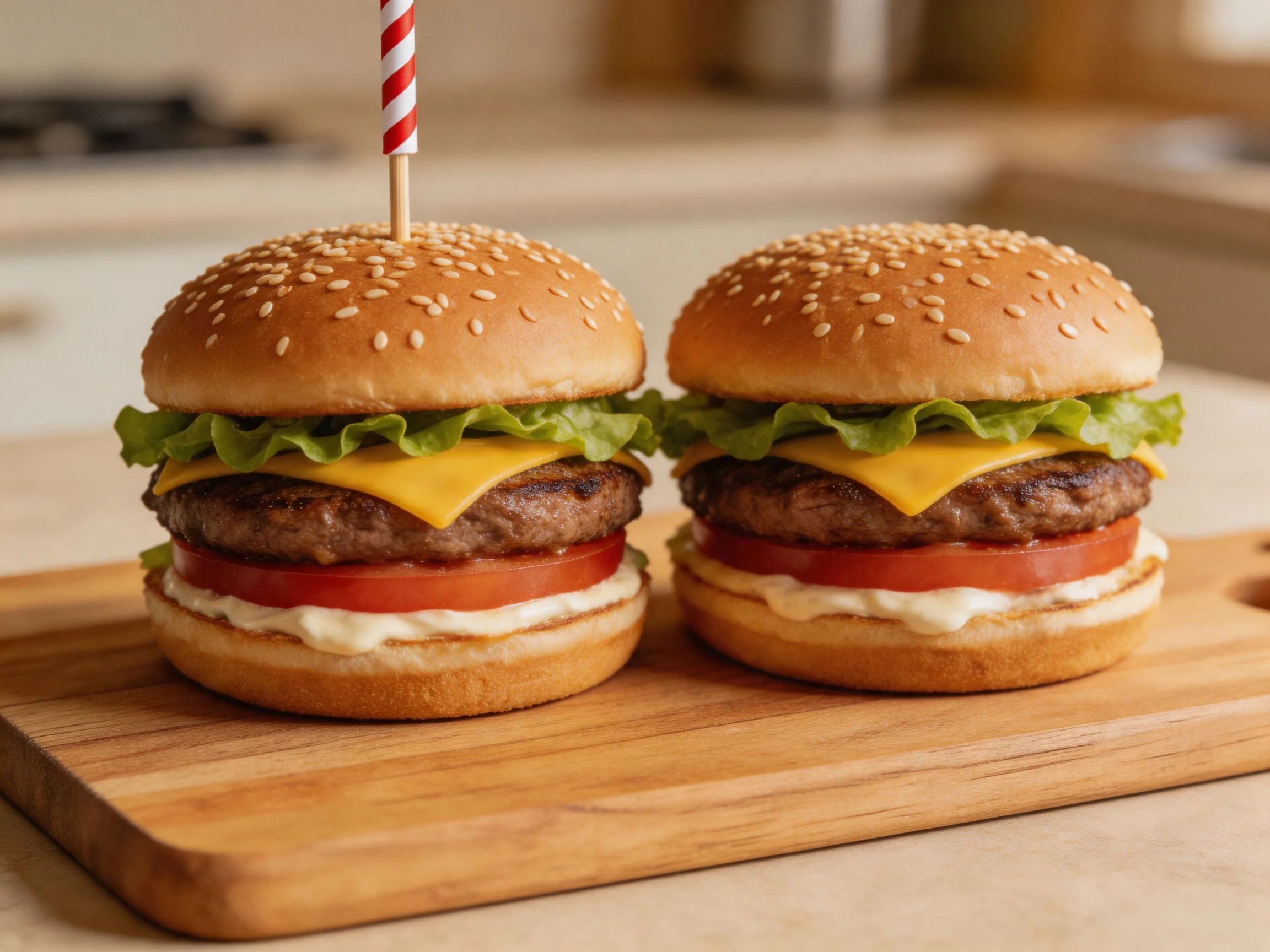 Two sesame-topped cheeseburgers with lettuce and tomato on a wooden cutting board