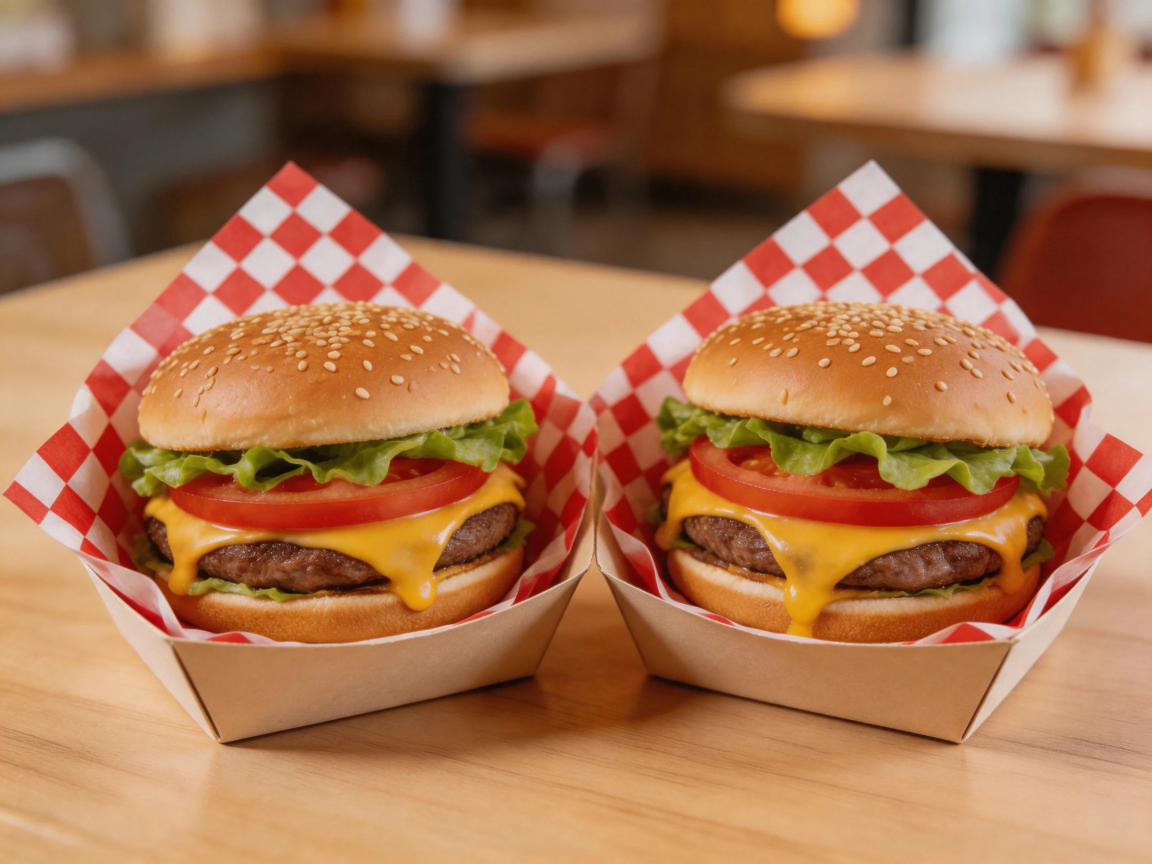 Two sesame-topped cheeseburgers with lettuce, tomato, and cheddar in red-and-white containers