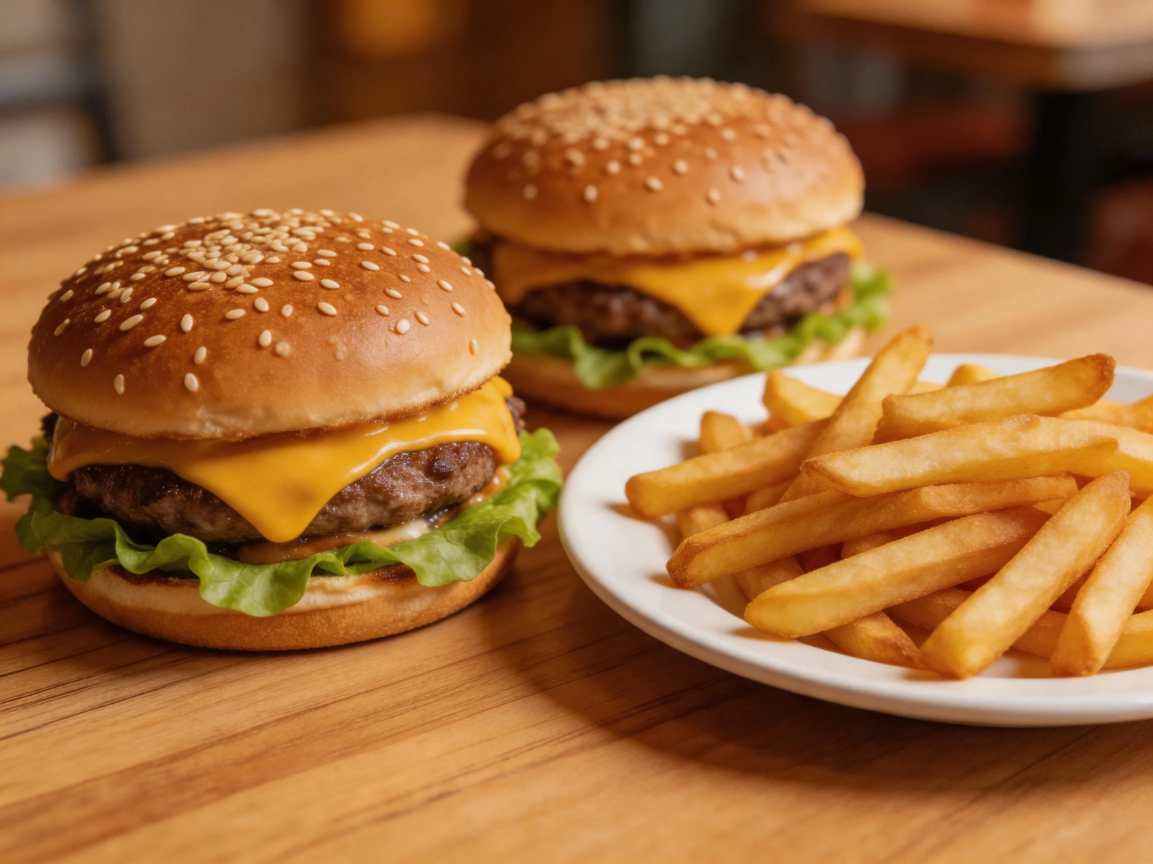 Two sesame-topped cheeseburgers with melted cheddar and a plate of fries