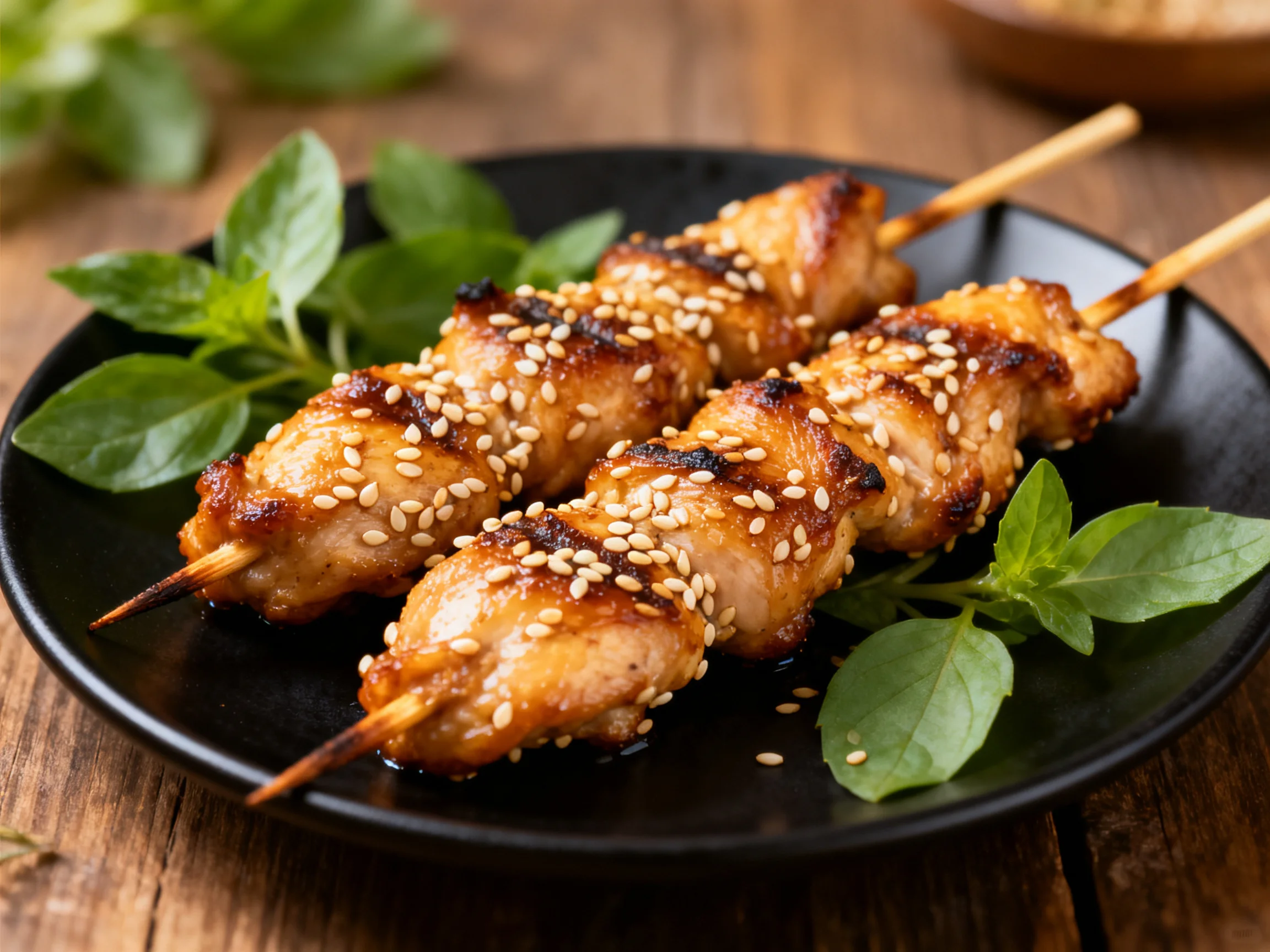 Two sesame-topped grilled chicken skewers on a black plate