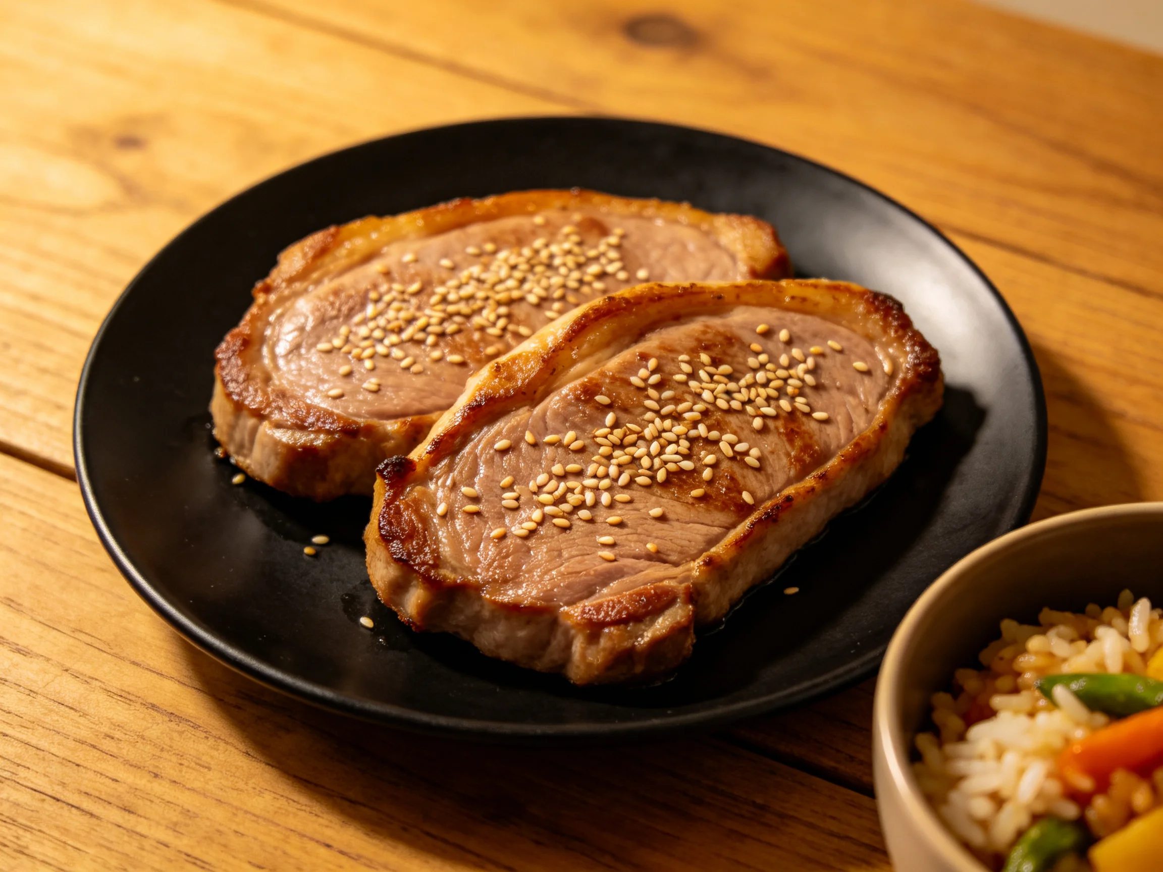 Two sesame-topped grilled steaks on a black plate beside a vegetable rice bowl
