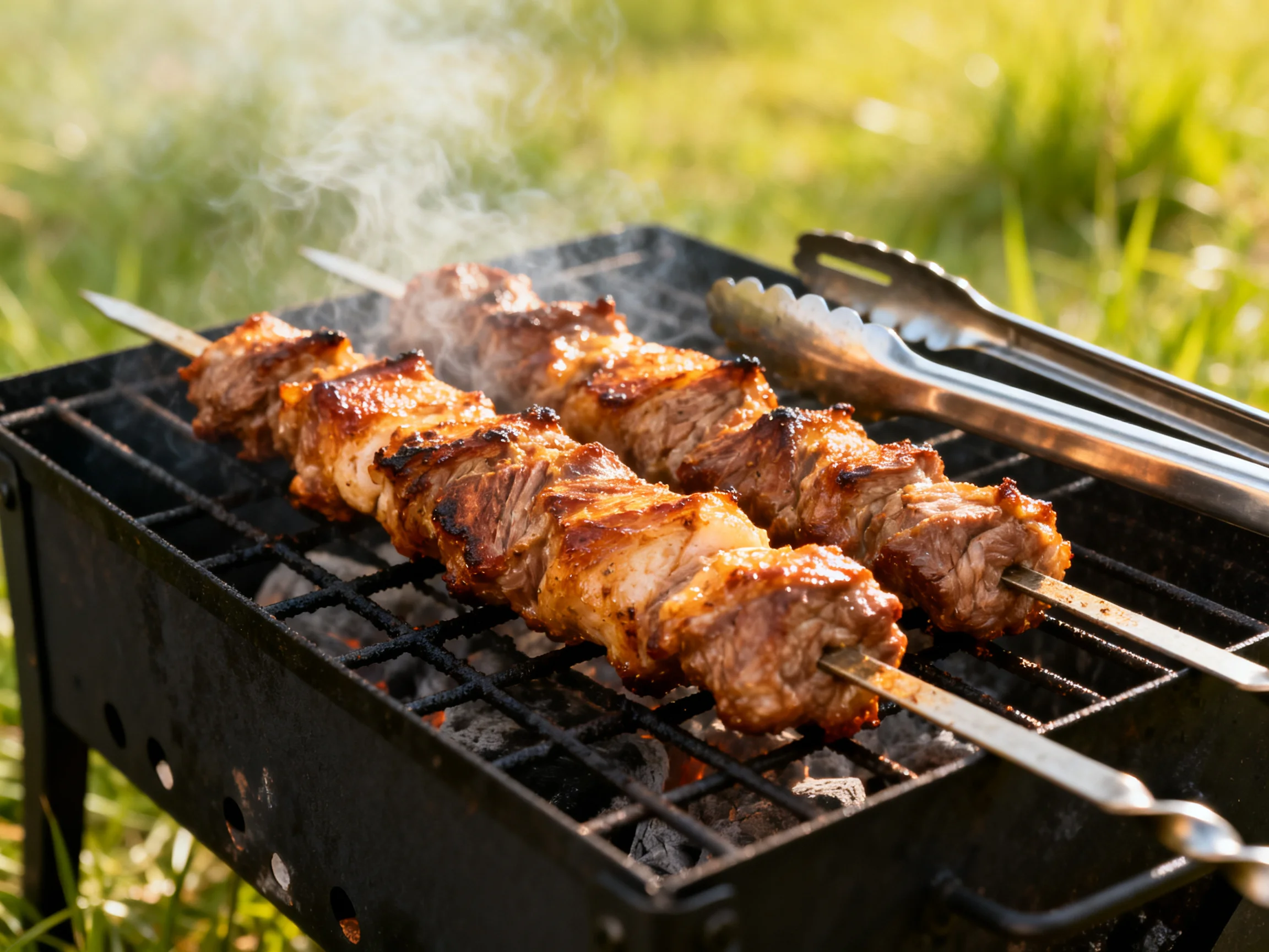 Two skewers of grilled meat cook over a charcoal grill in a sunny field.