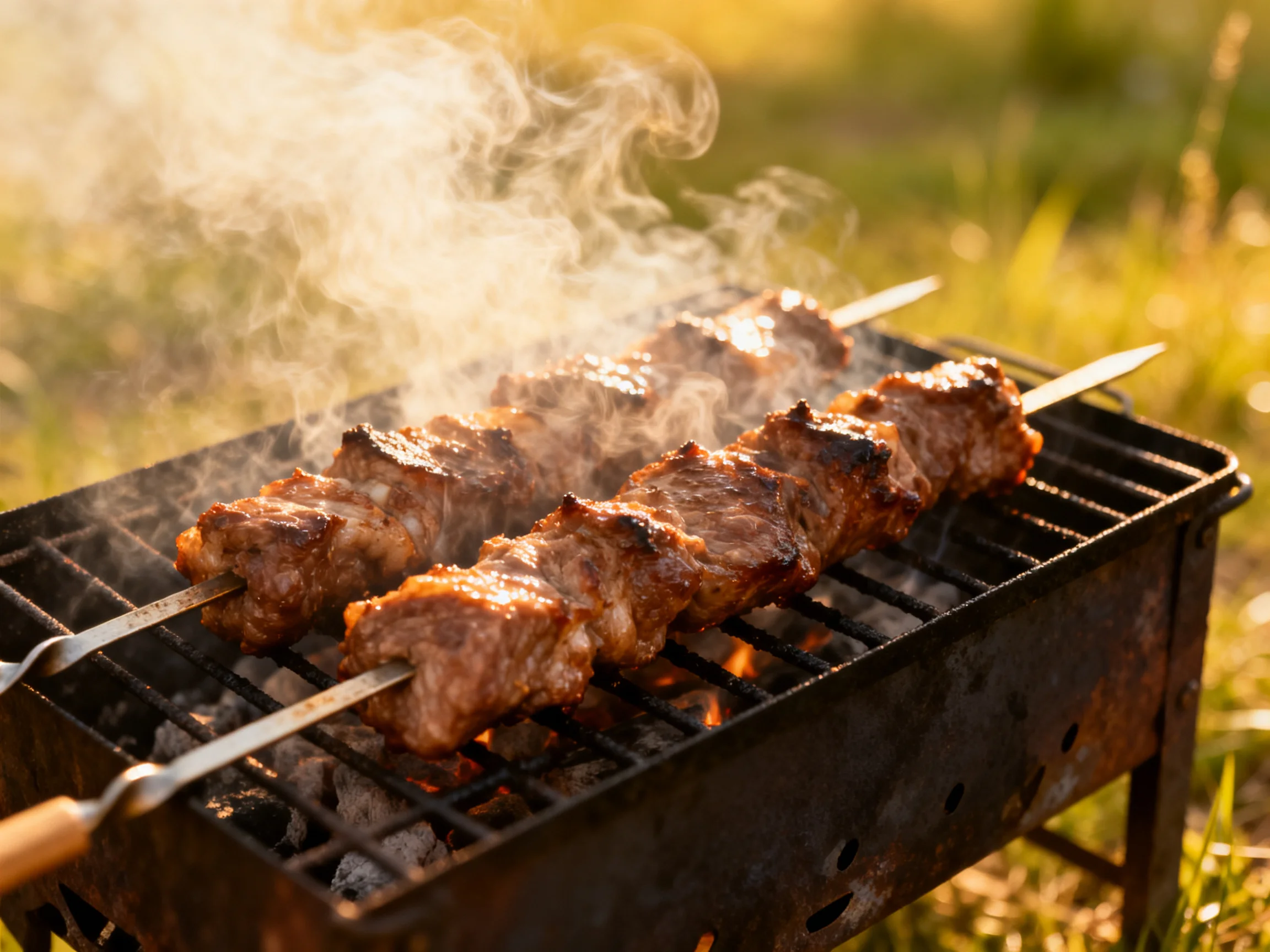 Two skewers of grilled meat cook over charcoal in a sunny outdoor setting.