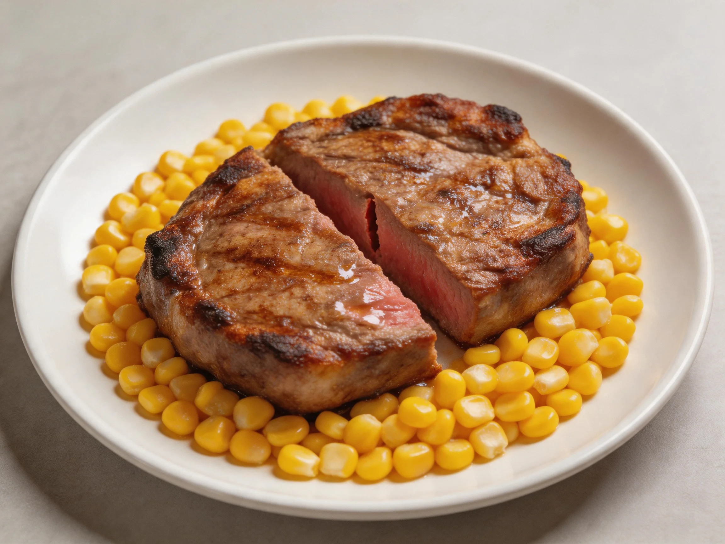 Two sliced grilled steaks served with yellow corn on a white plate