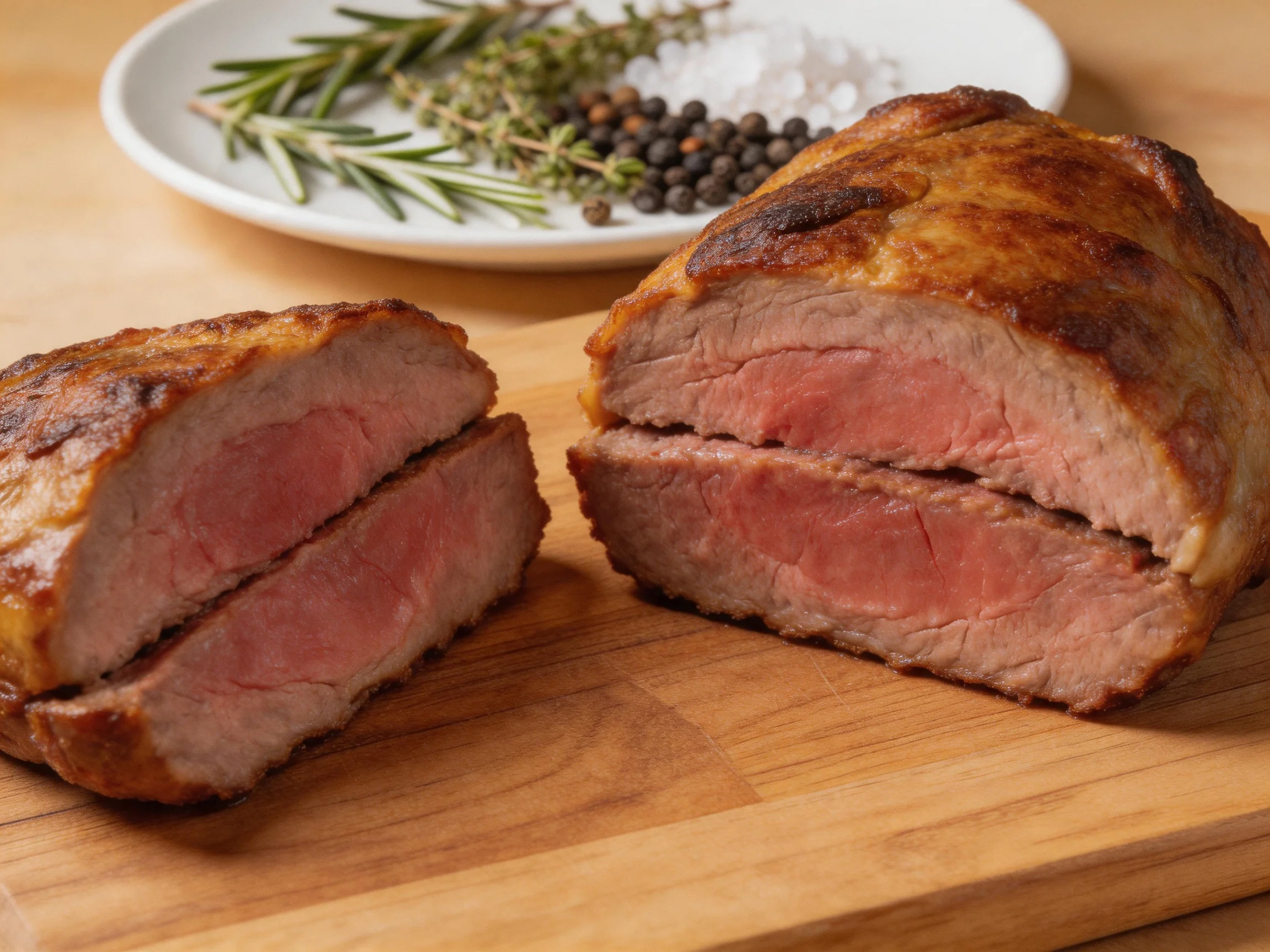Two slices of medium-rare roasted beef on a wooden cutting board