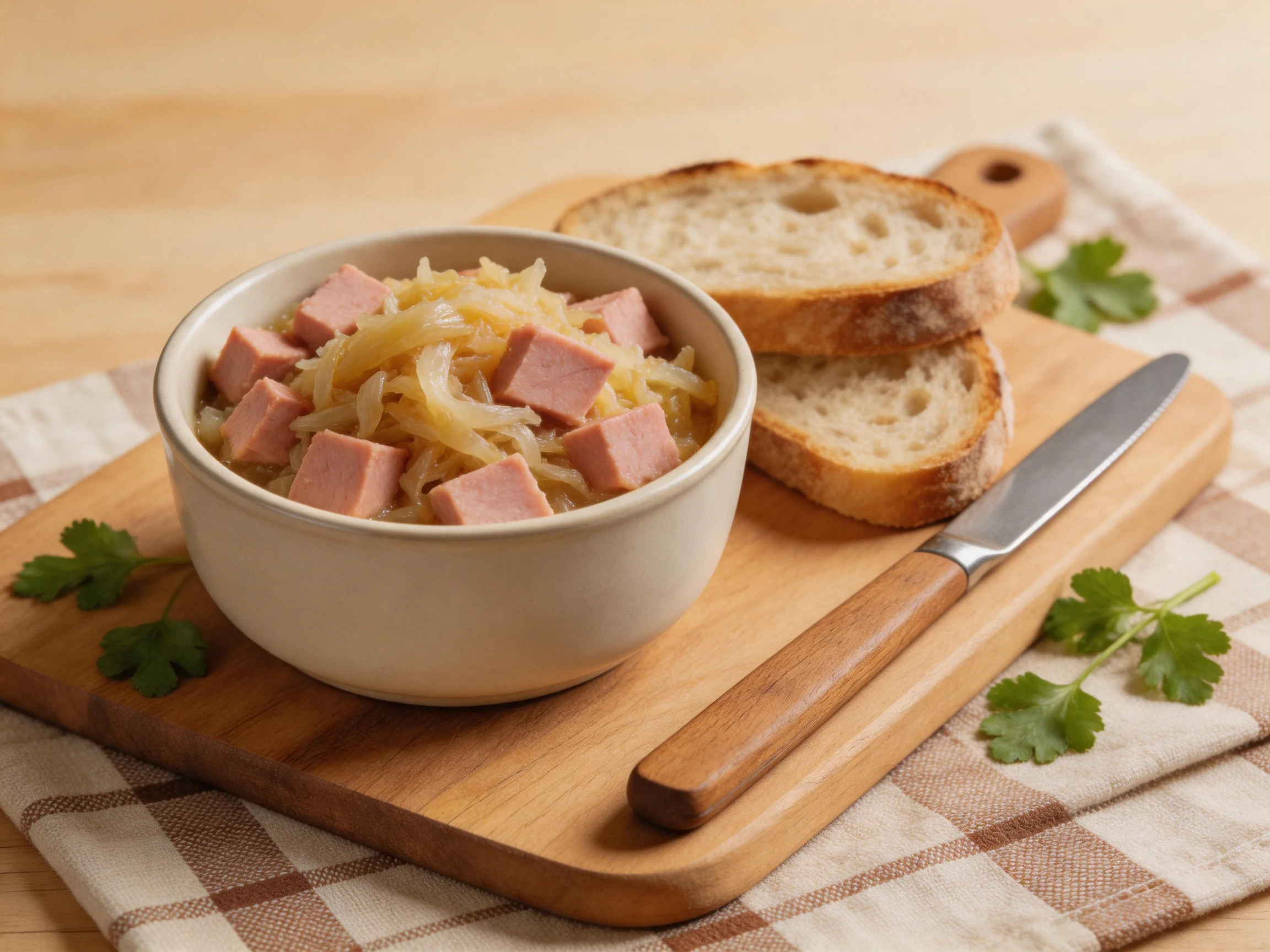 Two slices of toasted bread sit beside a bowl of sauerkraut and ham