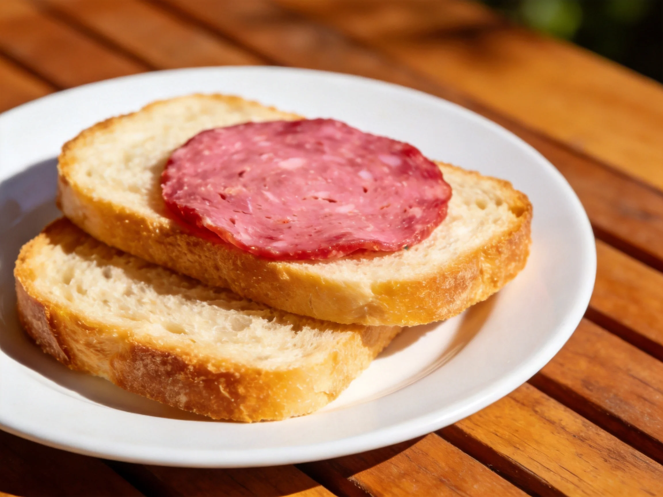 Two slices of toasted bread with a round slice of pink salami