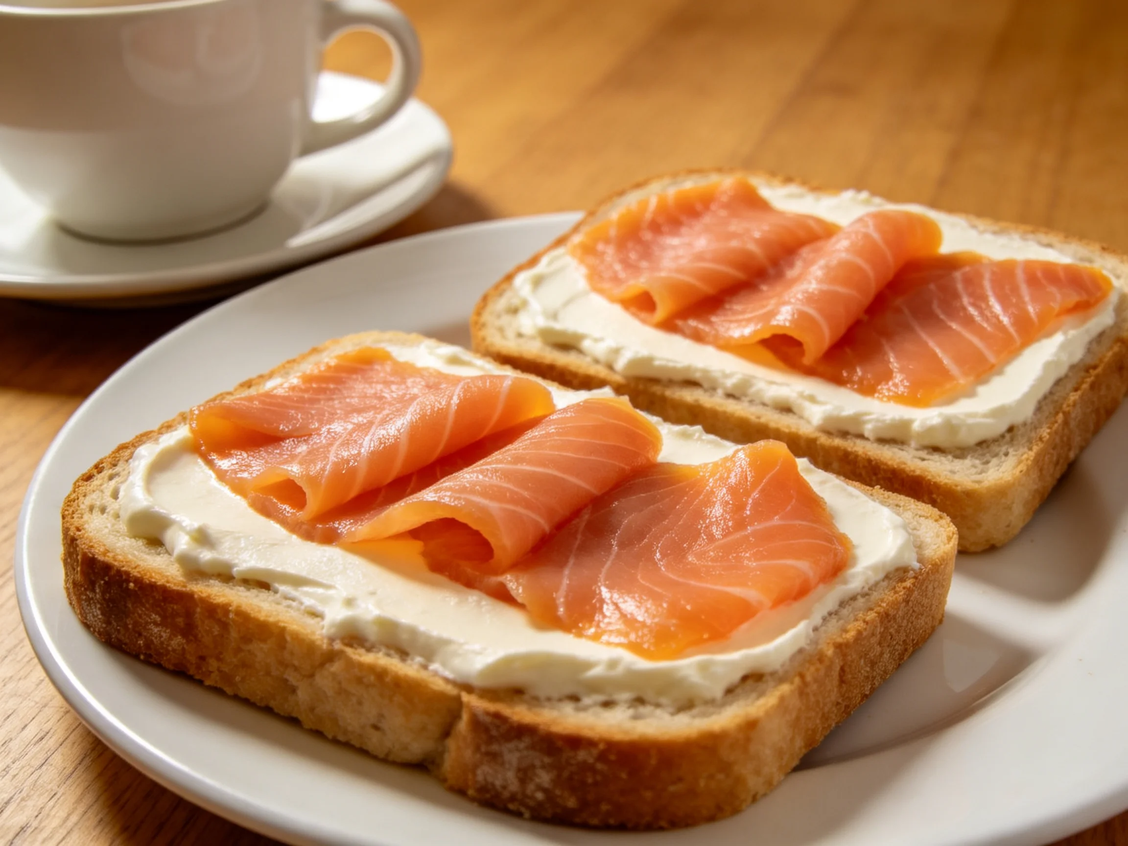 Two slices of toasted bread with smoked salmon and cream cheese near a coffee cup