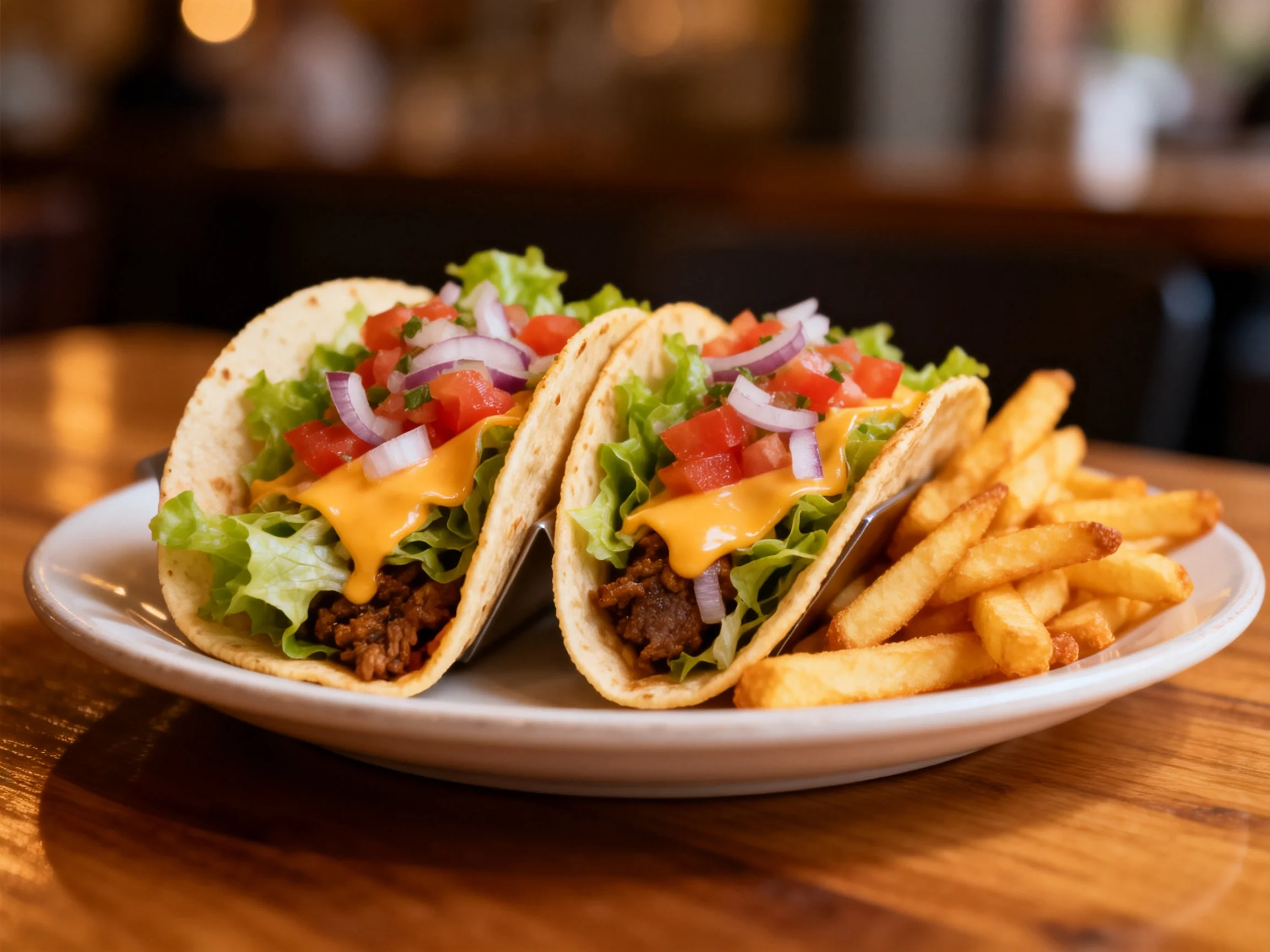 Two soft - shell tacos with cheese, lettuce, tomatoes, and onions served with crispy fries