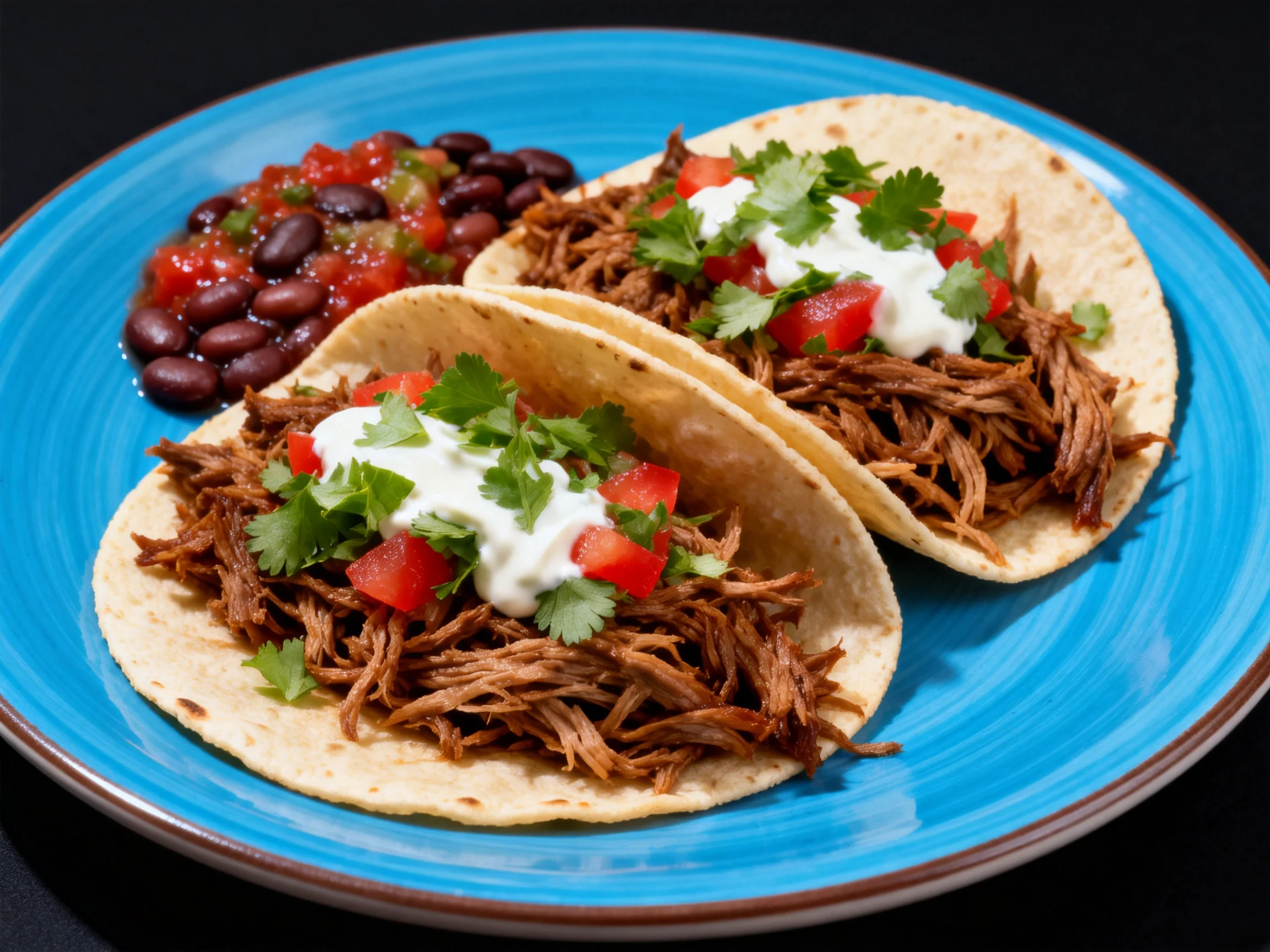 Soft-shell tacos filled with shredded beef are displayed alongside beans and salsa on a blue plate.
