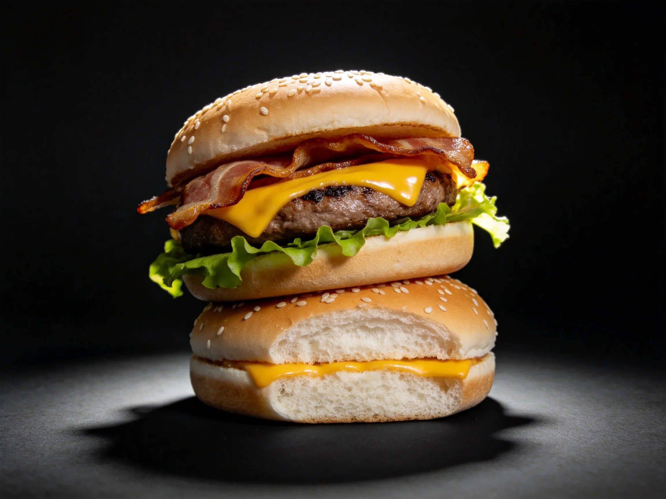 Two stacked cheeseburgers with bacon, cheese, lettuce, and sesame seed buns
